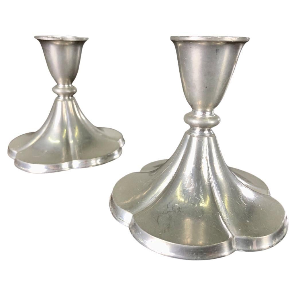 Set of Two Danish Just Andersen Five-Leaf Clover Art Deco Pewter Candlesticks For Sale