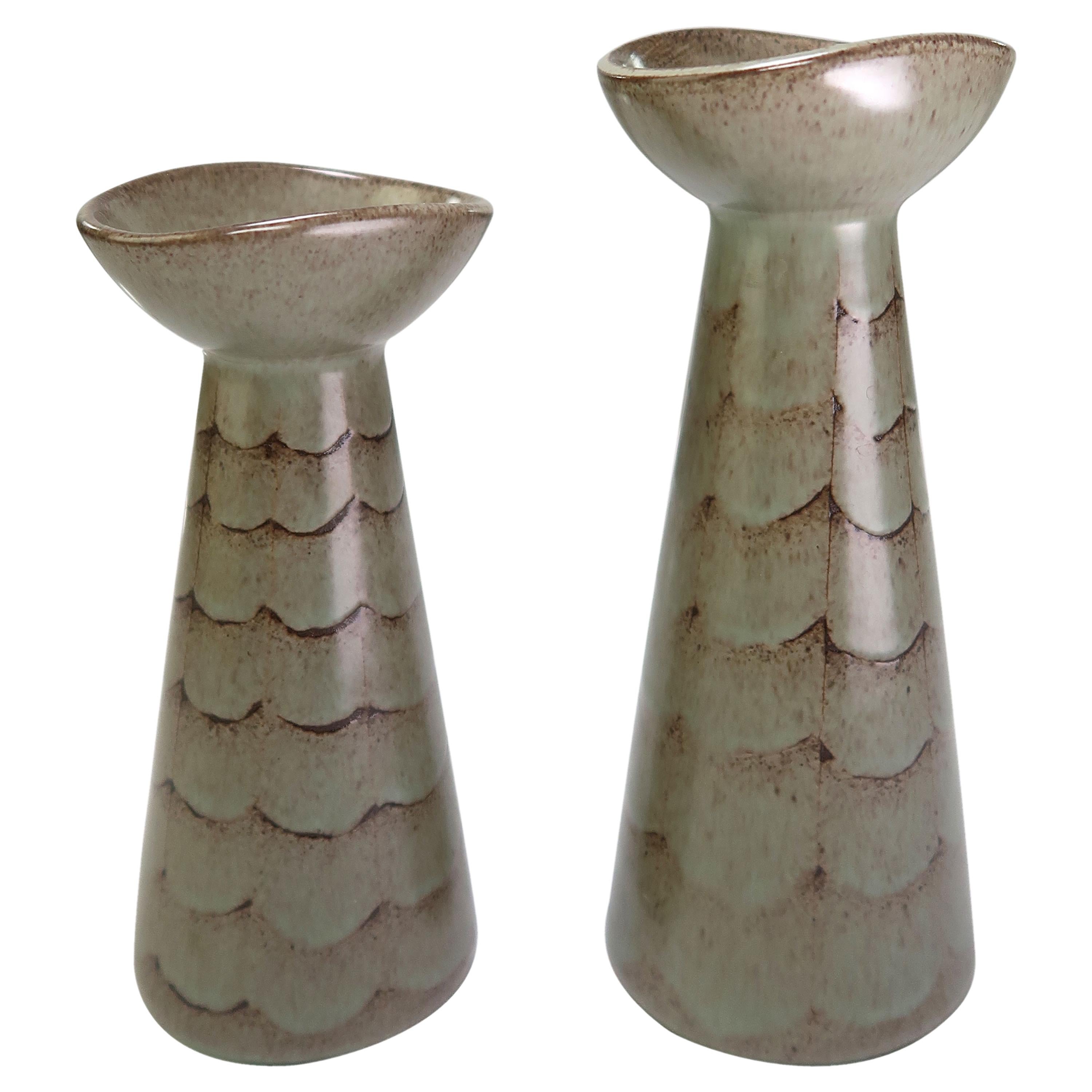 Two 1950s Danish Modern Green Vases, Candle Sticks by Lovemose