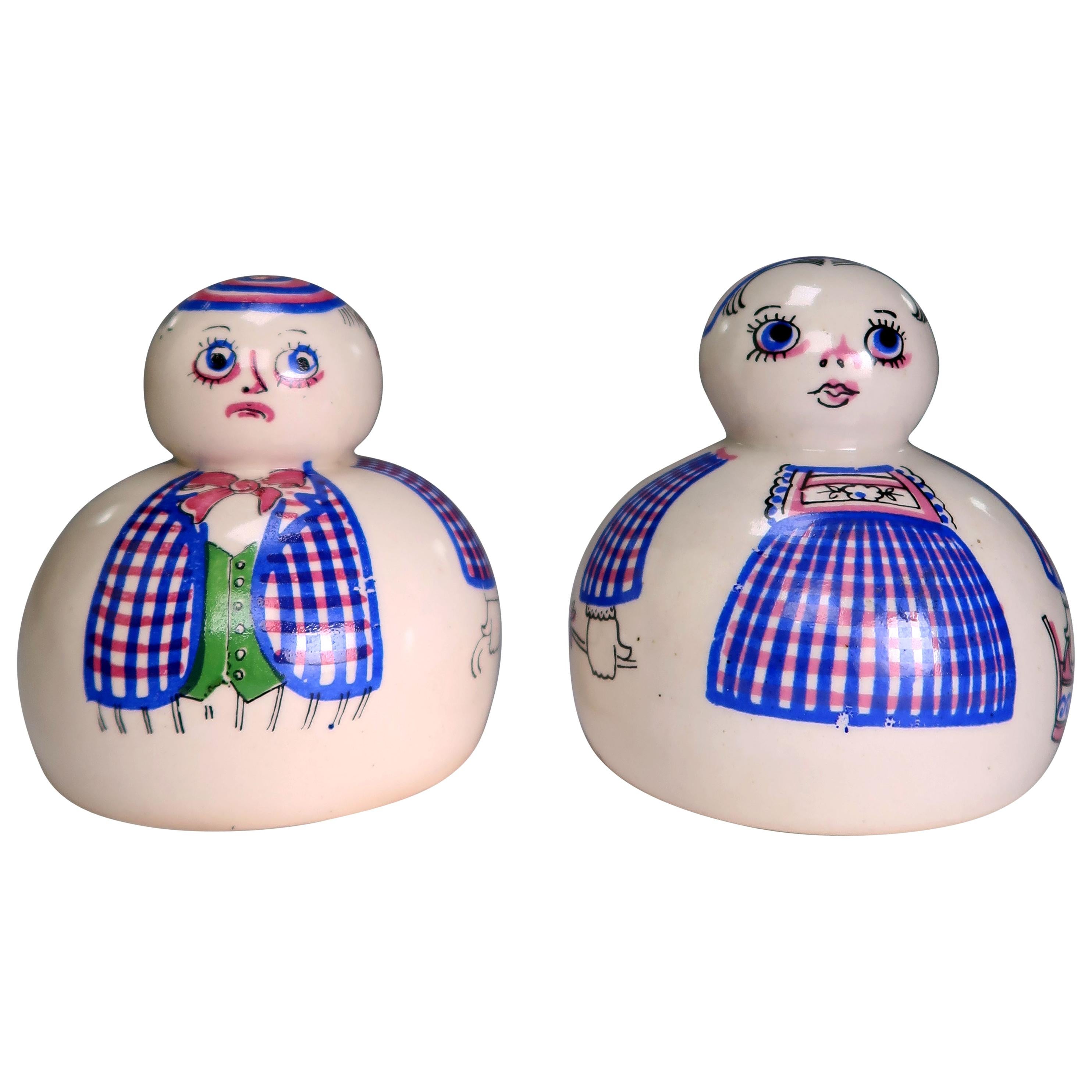 Aksini Folk Art Danish Modern Handmade Figurines, Pepper Shakers, 1950s