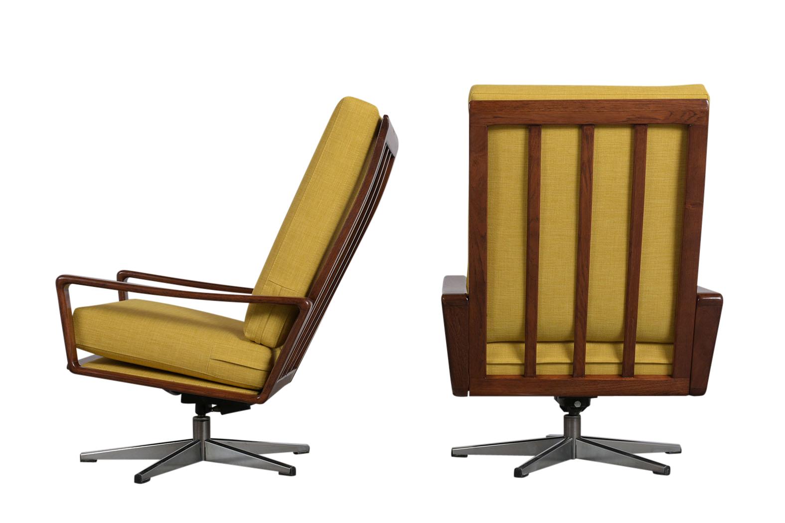 This Pair of Modern Danish Recliner Chairs are made of walnut wood with a stylish carved frame that has been newly stained and rests on a sturdy five-spoke chrome base. The seat & back cushions have been newly upholstered in yellow fabric with new