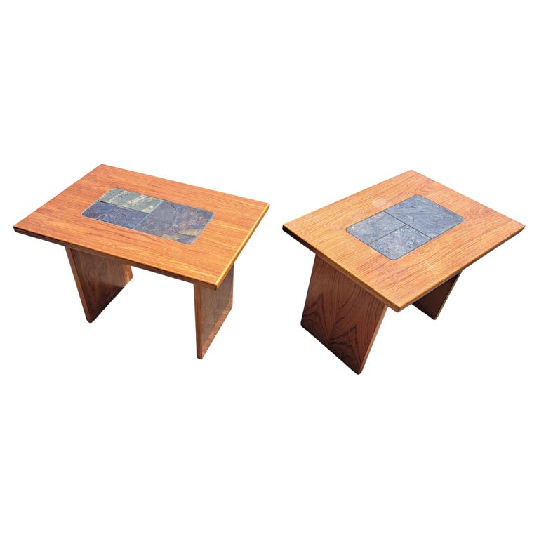 Set of Two Danish Modern Teak Wood Slate tile Side Tables For Sale