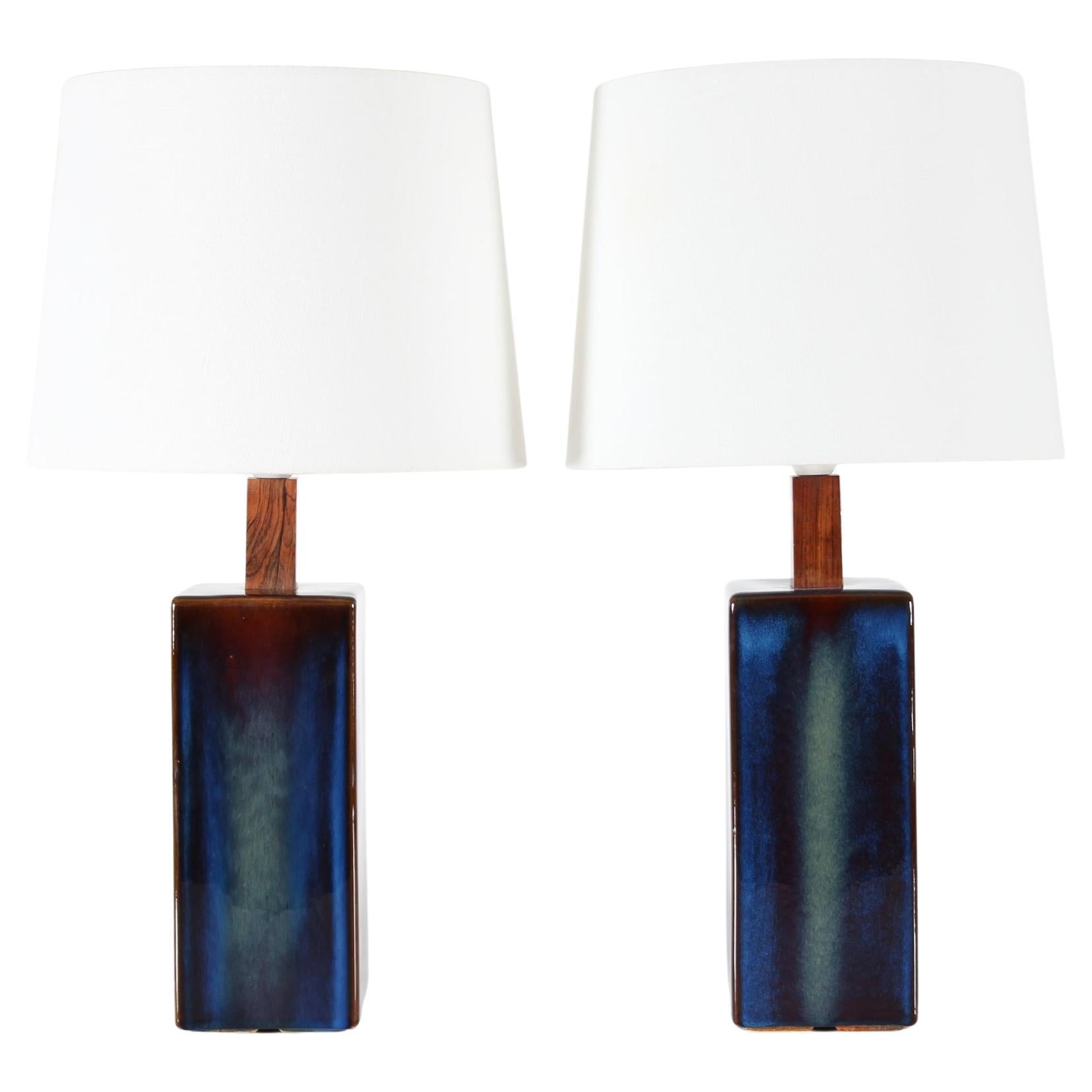 Mid-Century Modern Set of Two Danish Sculptural Table Lamps with Glossy Dark Blue Glaze by Søholm For Sale