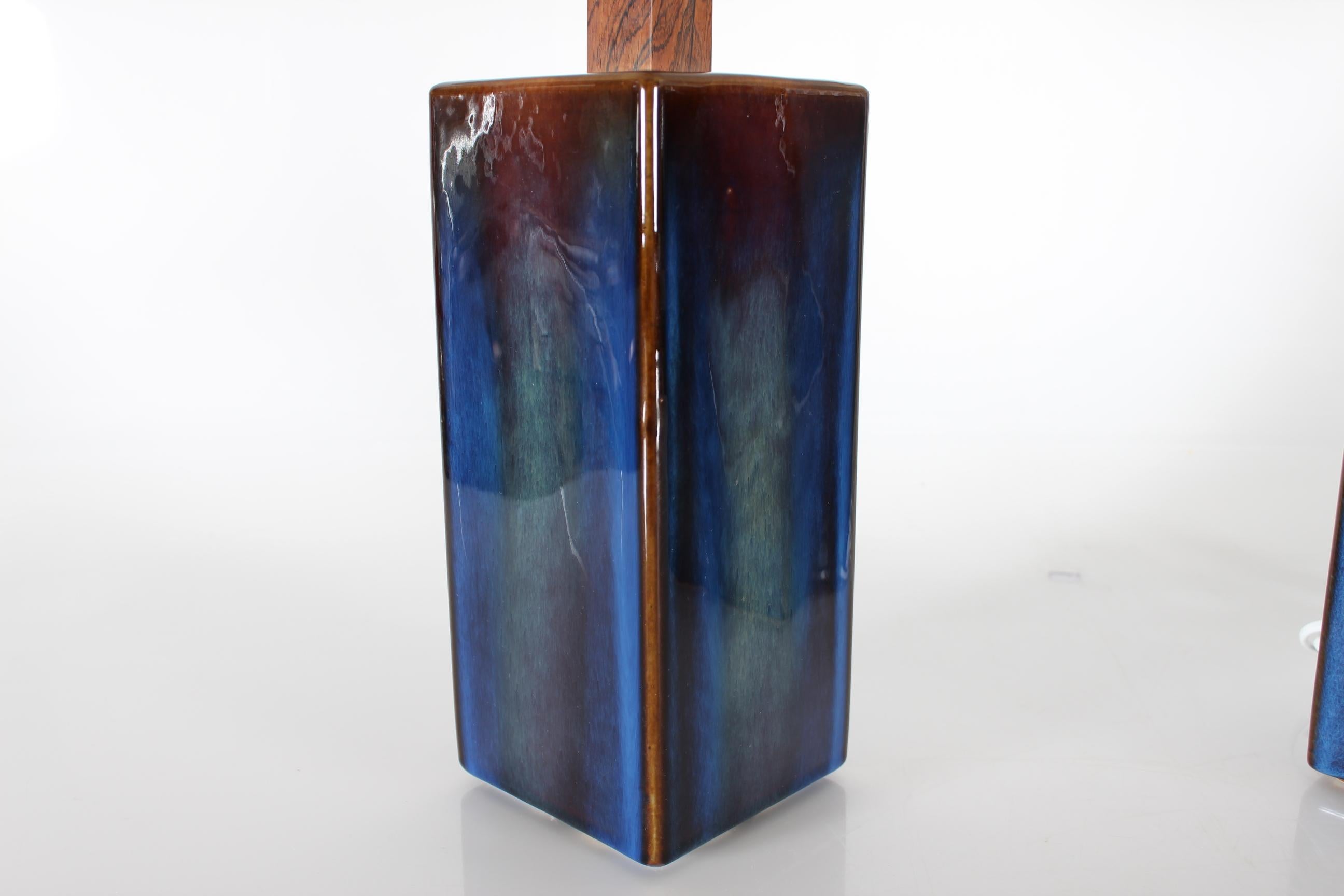 Mid-20th Century Set of Two Danish Sculptural Table Lamps with Glossy Dark Blue Glaze by Søholm For Sale