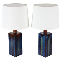 Set of Two Danish Sculptural Table Lamps with Glossy Dark Blue Glaze by Søholm