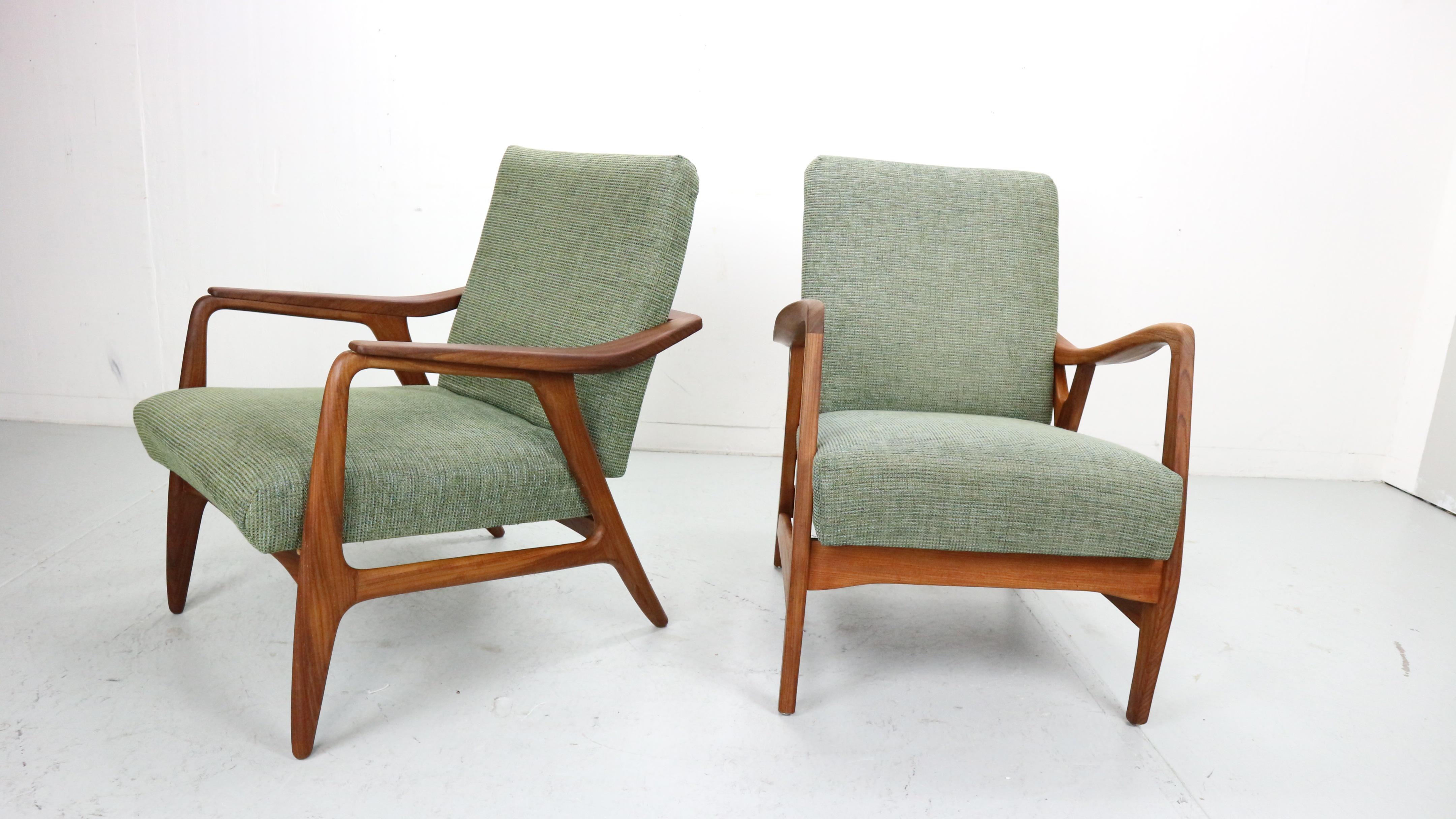 Set of two Danish vintage teak organic shaped Armchairs in green fabric, 1960's For Sale 4
