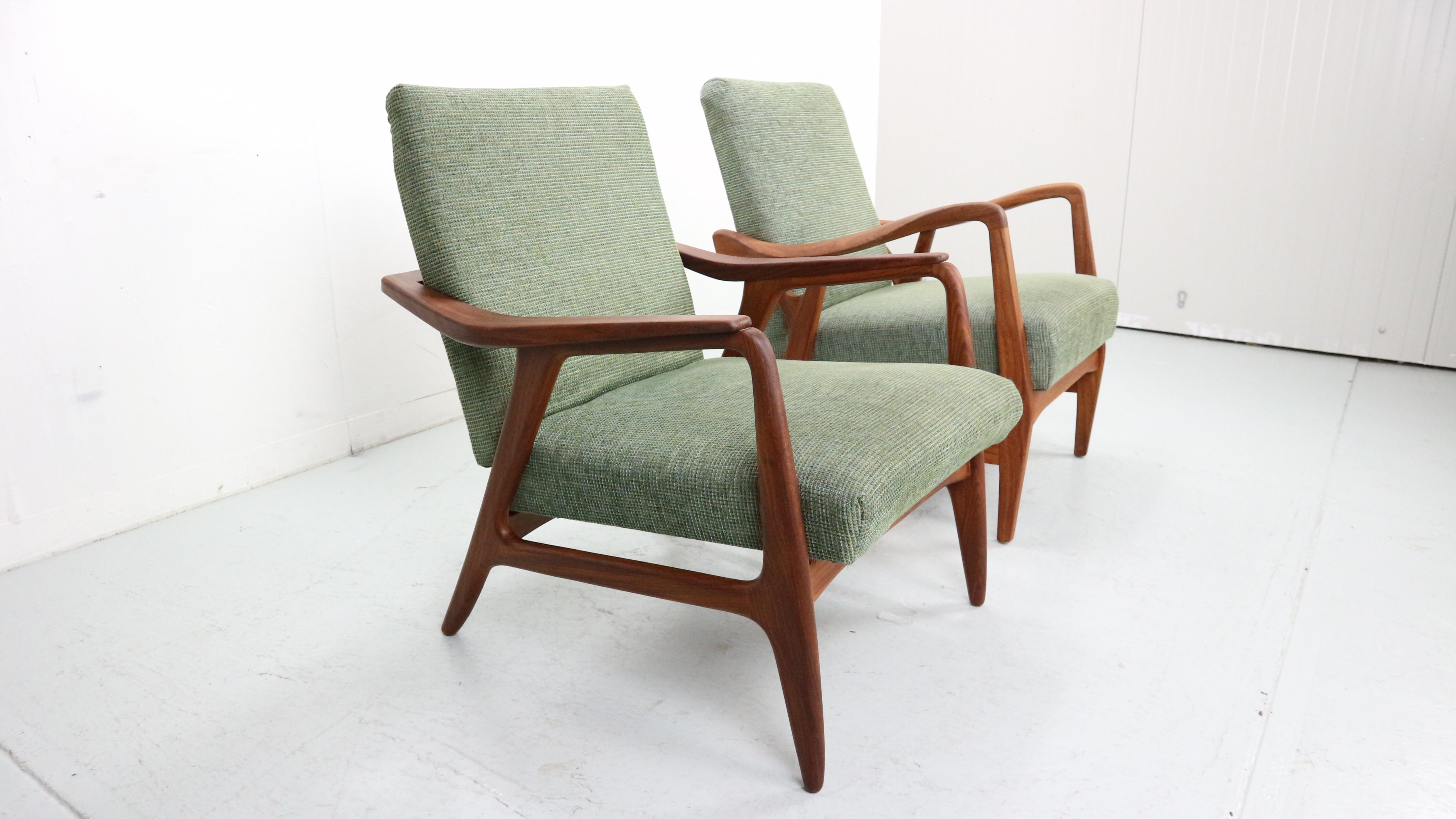 Set of two Danish vintage teak organic shaped Armchairs in green fabric, 1960's For Sale 11
