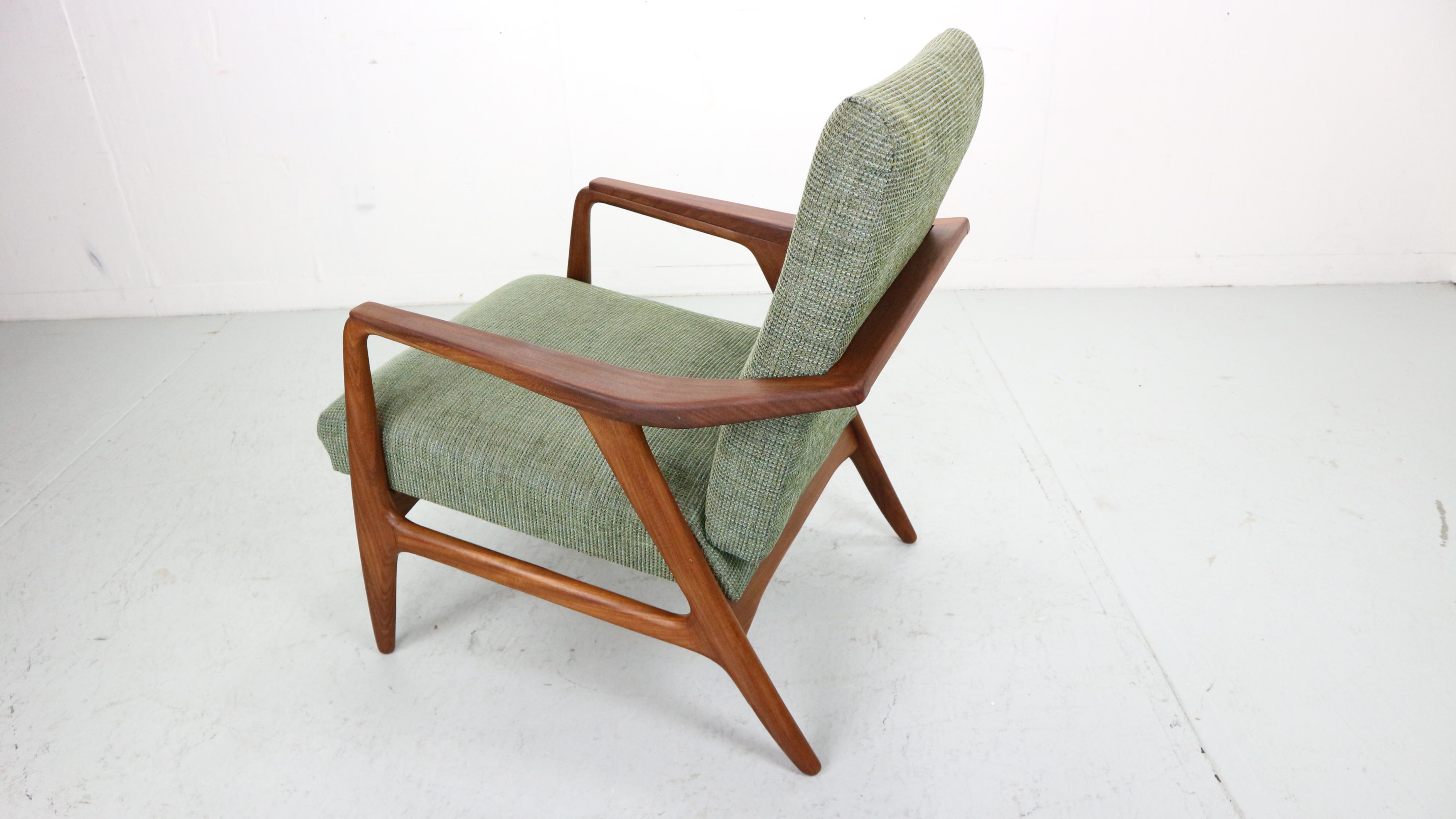 Mid-Century Modern Set of two Danish vintage teak organic shaped Armchairs in green fabric, 1960's For Sale