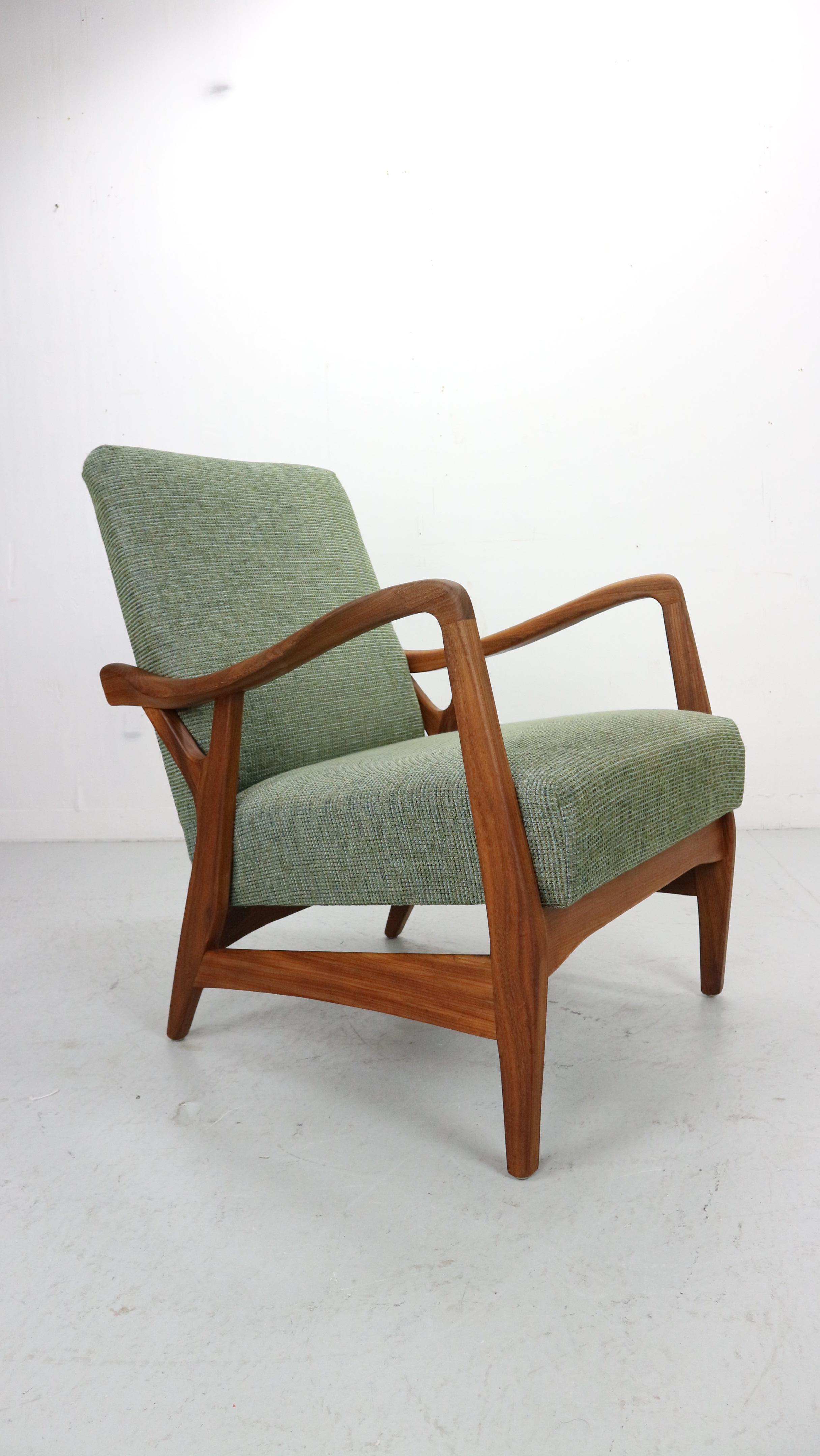 20th Century Set of two Danish vintage teak organic shaped Armchairs in green fabric, 1960's For Sale