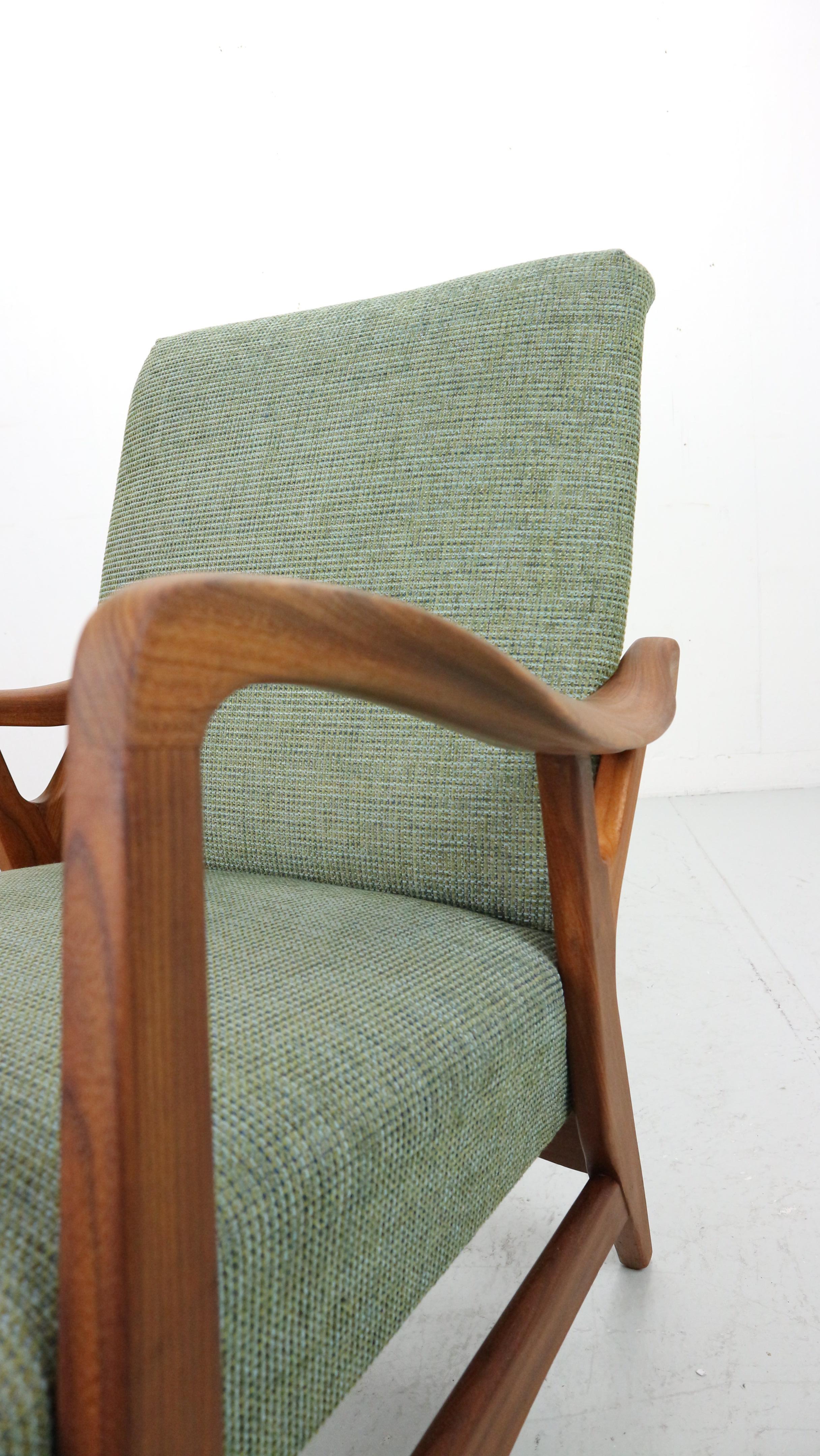 Set of two Danish vintage teak organic shaped Armchairs in green fabric, 1960's For Sale 2