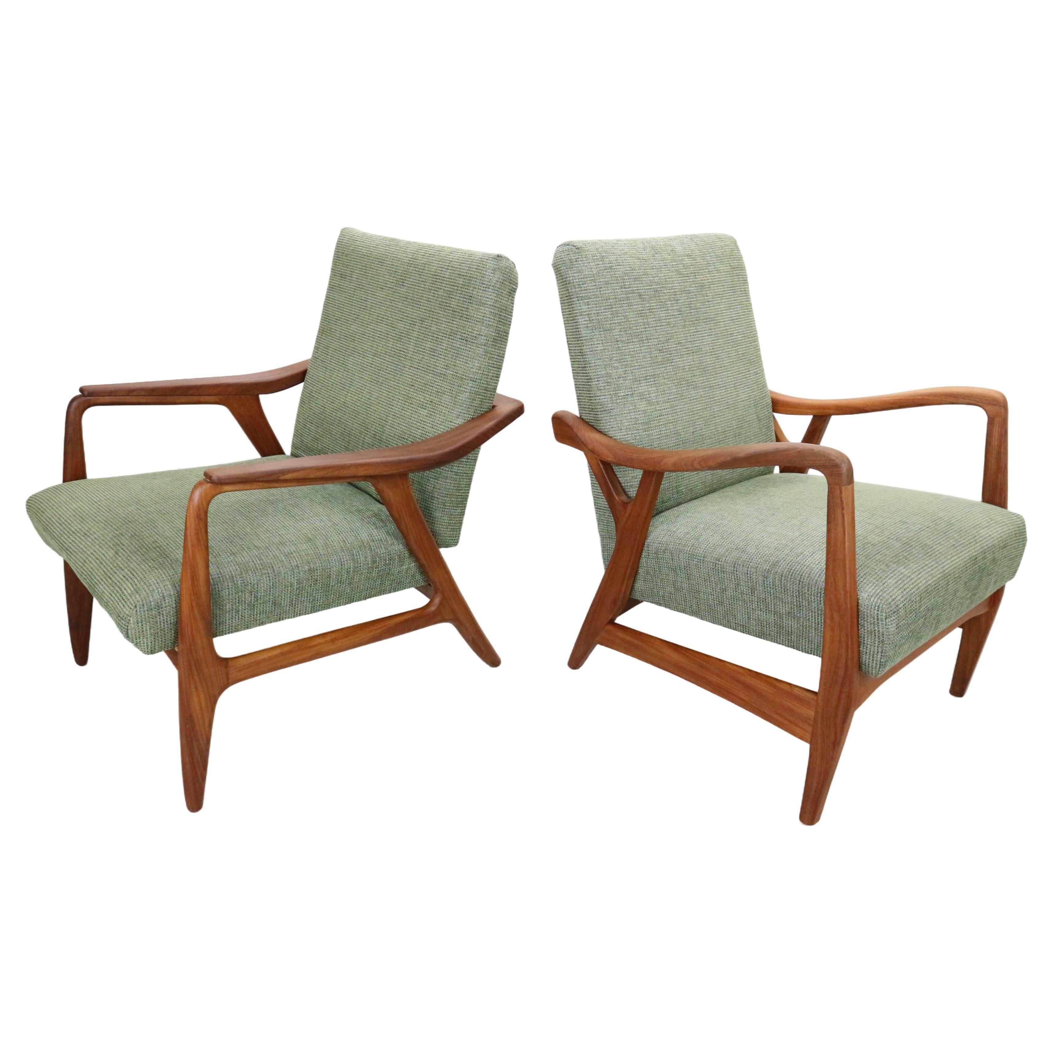 Set of two Danish vintage teak organic shaped Armchairs in green fabric, 1960's For Sale