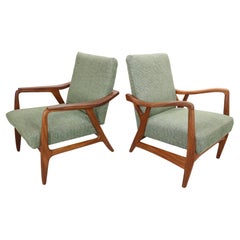 Set of two Danish vintage teak organic shaped Armchairs in green fabric, 1960's