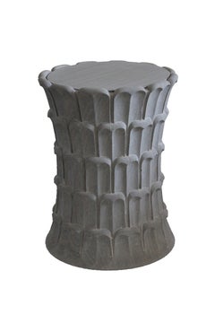 Set of Two Date Palm Side Tables in Agra Grey Stone Handcrafted in India