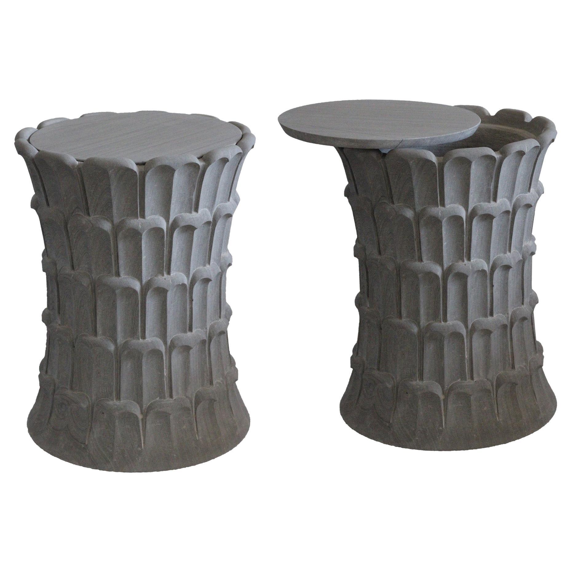 Set of Two Date Palm Side Tables in Agra Grey Stone Handcrafted in India For Sale