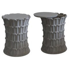 Set of Two Date Palm Side Tables in Agra Grey Stone Handcrafted in India