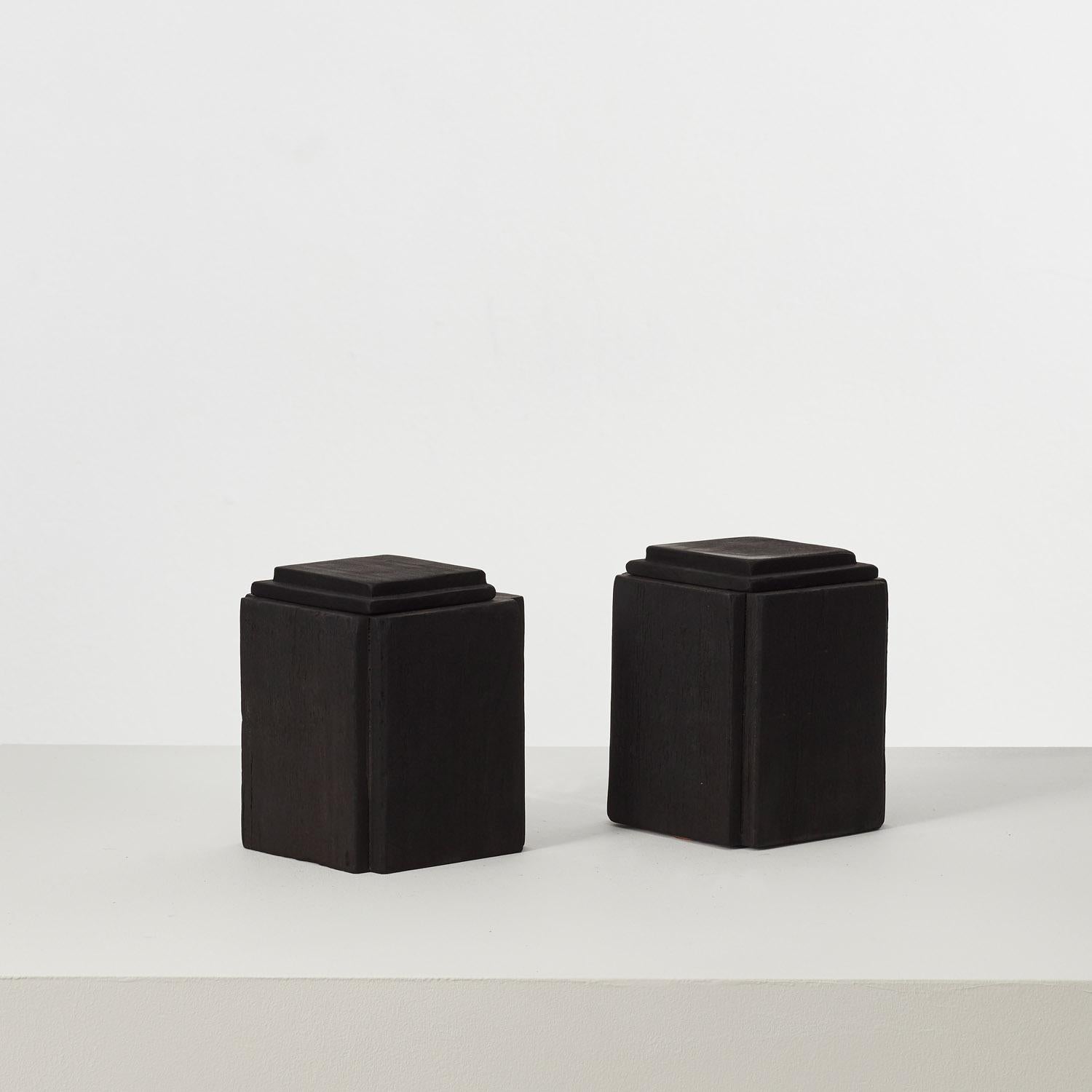 This collection of charred wood vessels has been coaxed from an assortment of offcuts found in David Horan’s workshop. The dimensions of each piece of sapele, cherry and London plane are subject to a formula devised by the designer, which defines