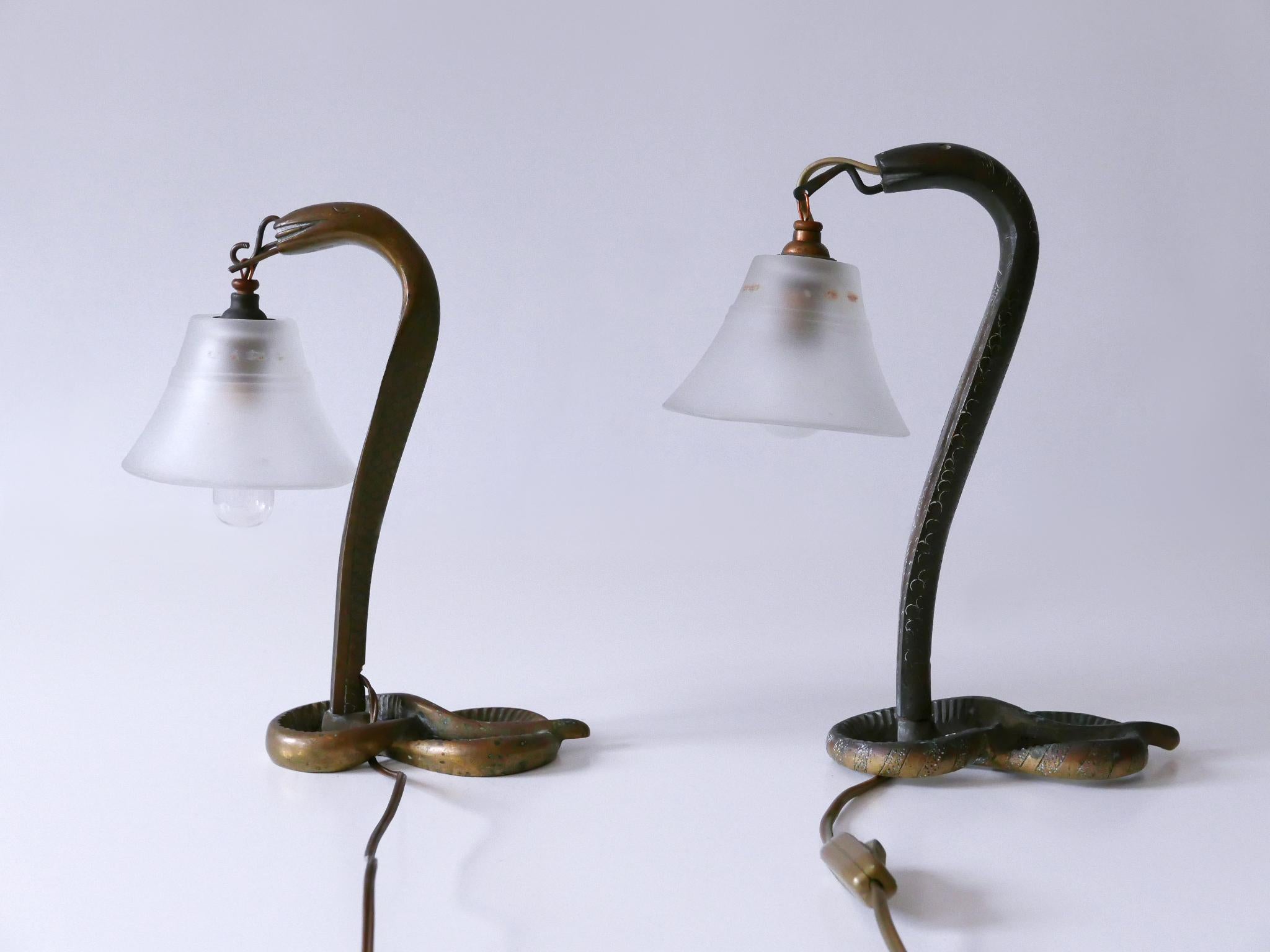 Syrian Set of Two Decorative Art Nouveau Bronze Cobra Table Lamps 1910s For Sale