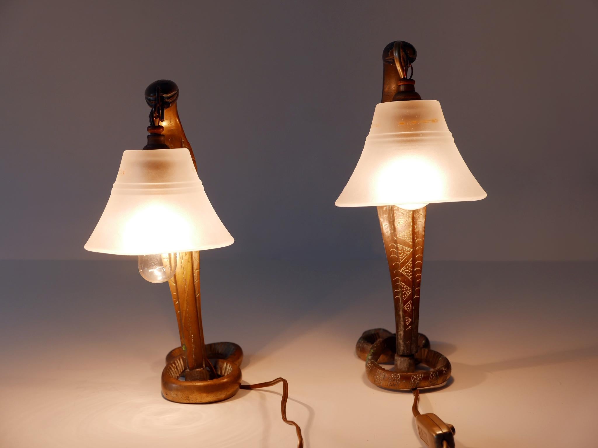 Set of Two Decorative Art Nouveau Bronze Cobra Table Lamps 1910s For Sale 2