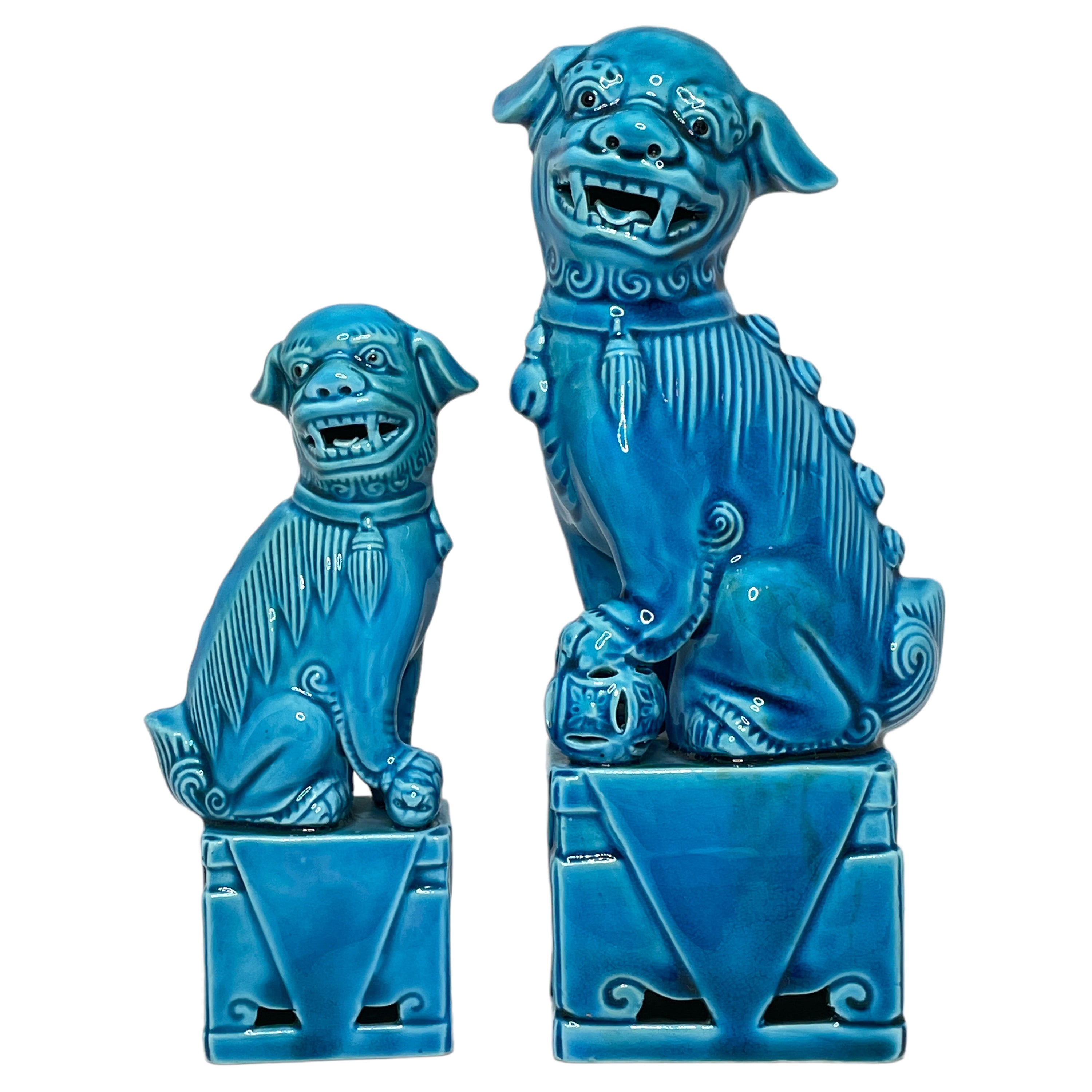 Set di due sculture decorative di cani Foo in ceramica blu turchese