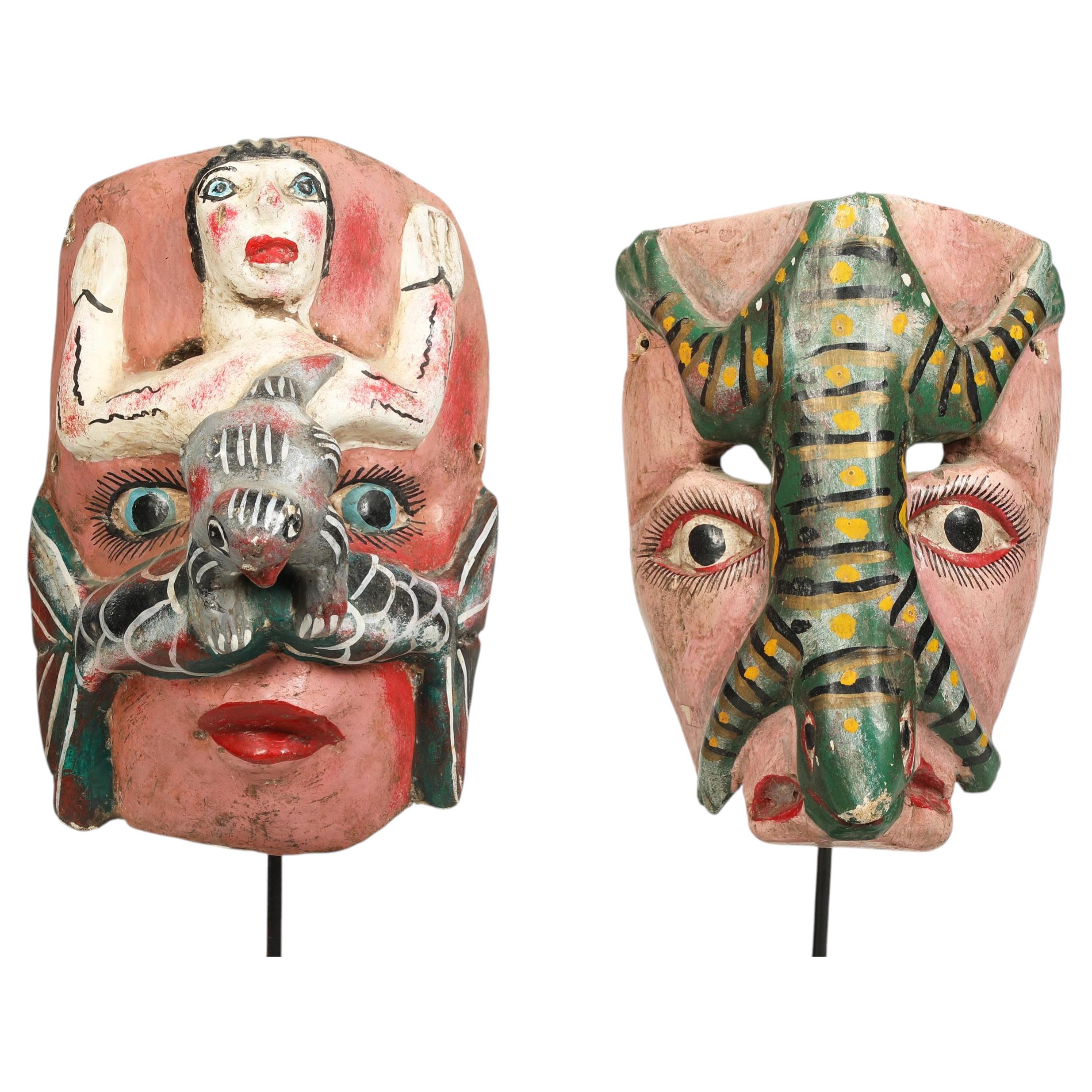 Set of Two Decorative Vintage Mexican Painted Dance Masks Lizard & a Mermaid