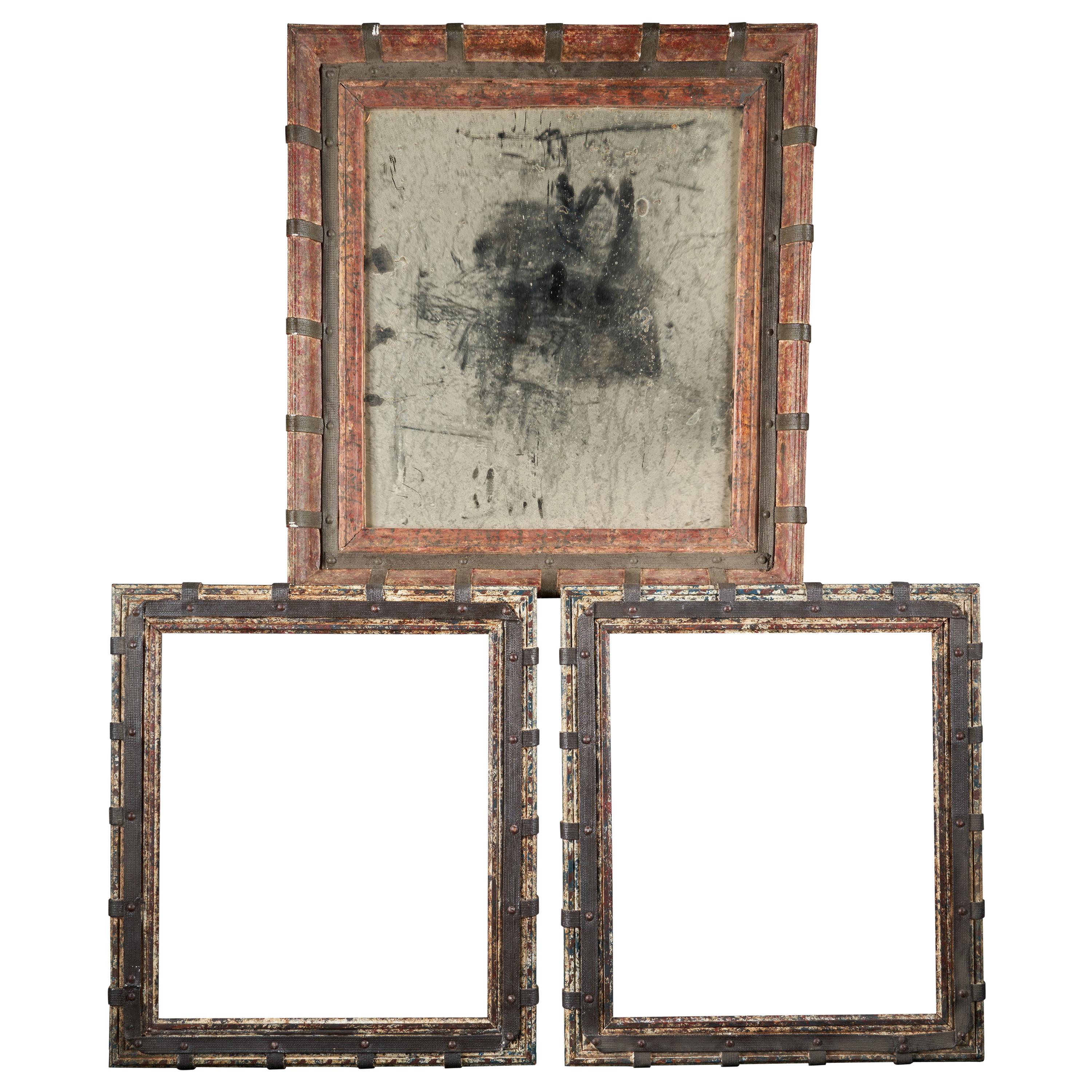 Set of Two Decorative Wooden Frames and an Old Mirror