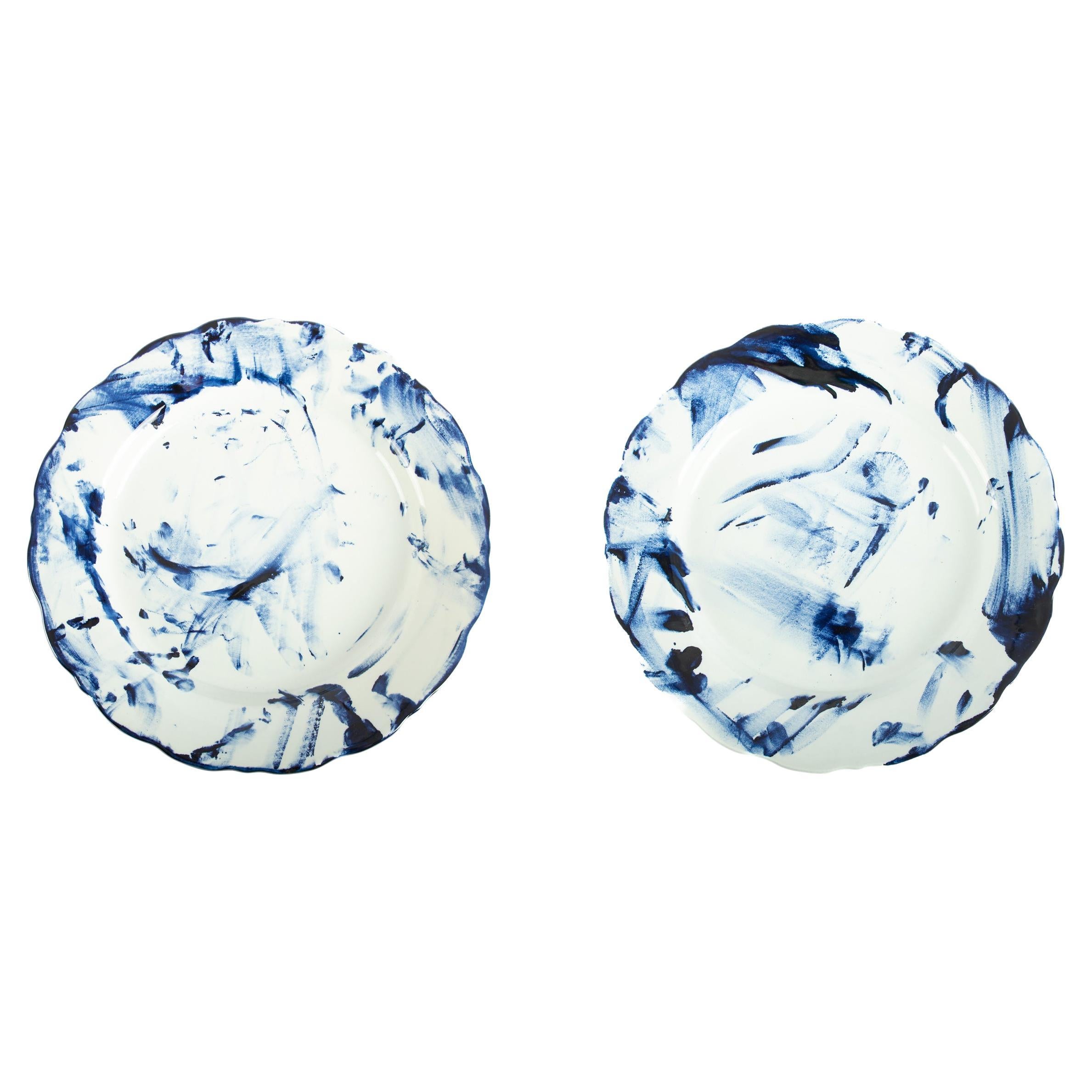 Set of two Delft Blue Plates, by Marcel Wanders, Hand-Painted, 2006, Unique For Sale