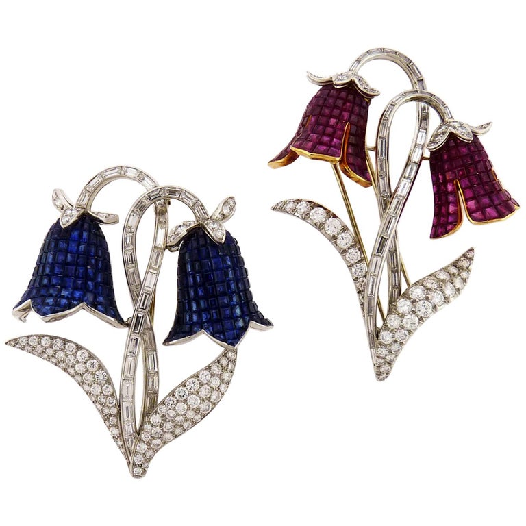 Set of Two Diamond Sapphire Ruby Flower Brooches For Sale at 1stDibs