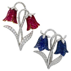 Set of Two Diamond Sapphire Ruby Flower Brooches, France