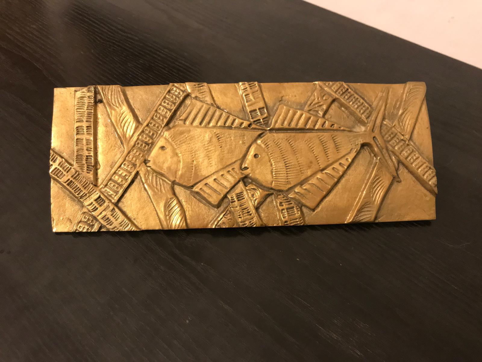 Set of two large bronze door handles of rectangular form with raised fish design, Italy 1970s

