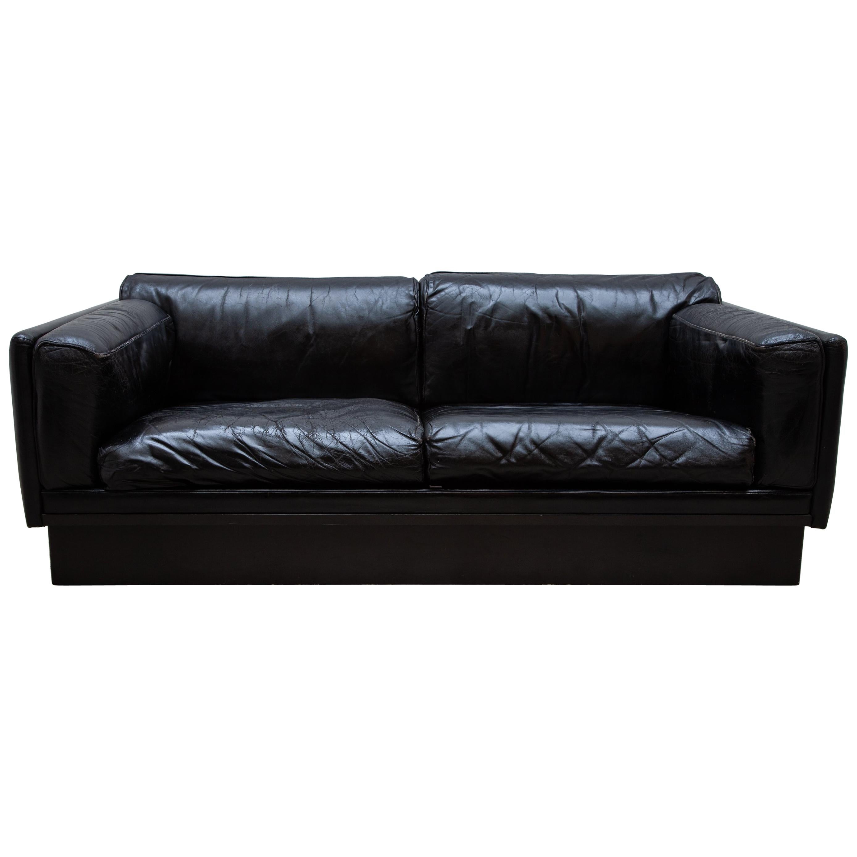 Durlet Black Leather Couche, Settees 1970s Made in Belgium.