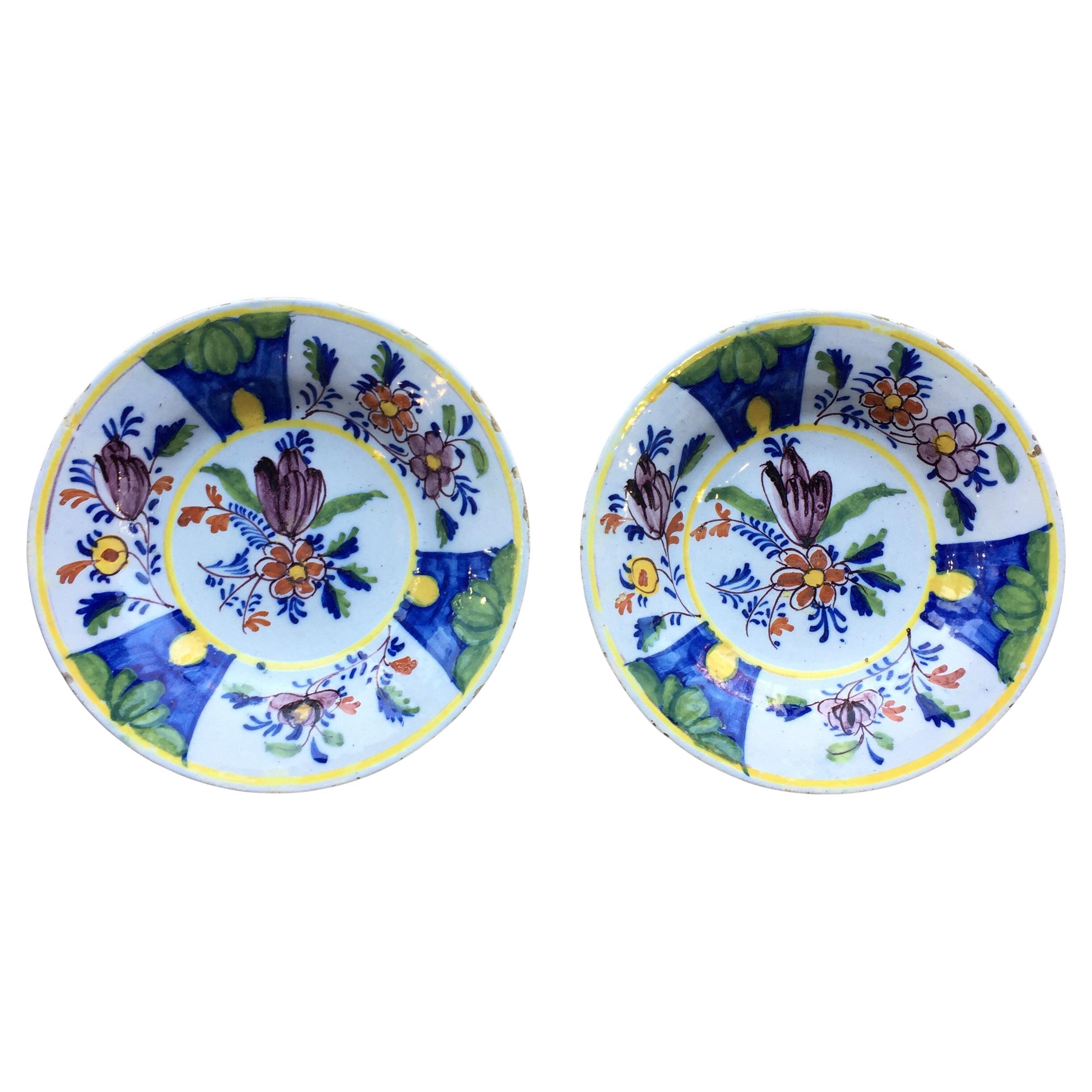 Ensemble de deux assiettes Delft hollandaises avec des fleurs, 18ème siècle en vente