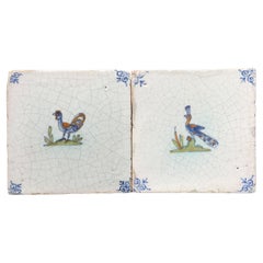 Set of Two Dutch Delft Tiles with Chicken and Peacock, Mid 17th Century