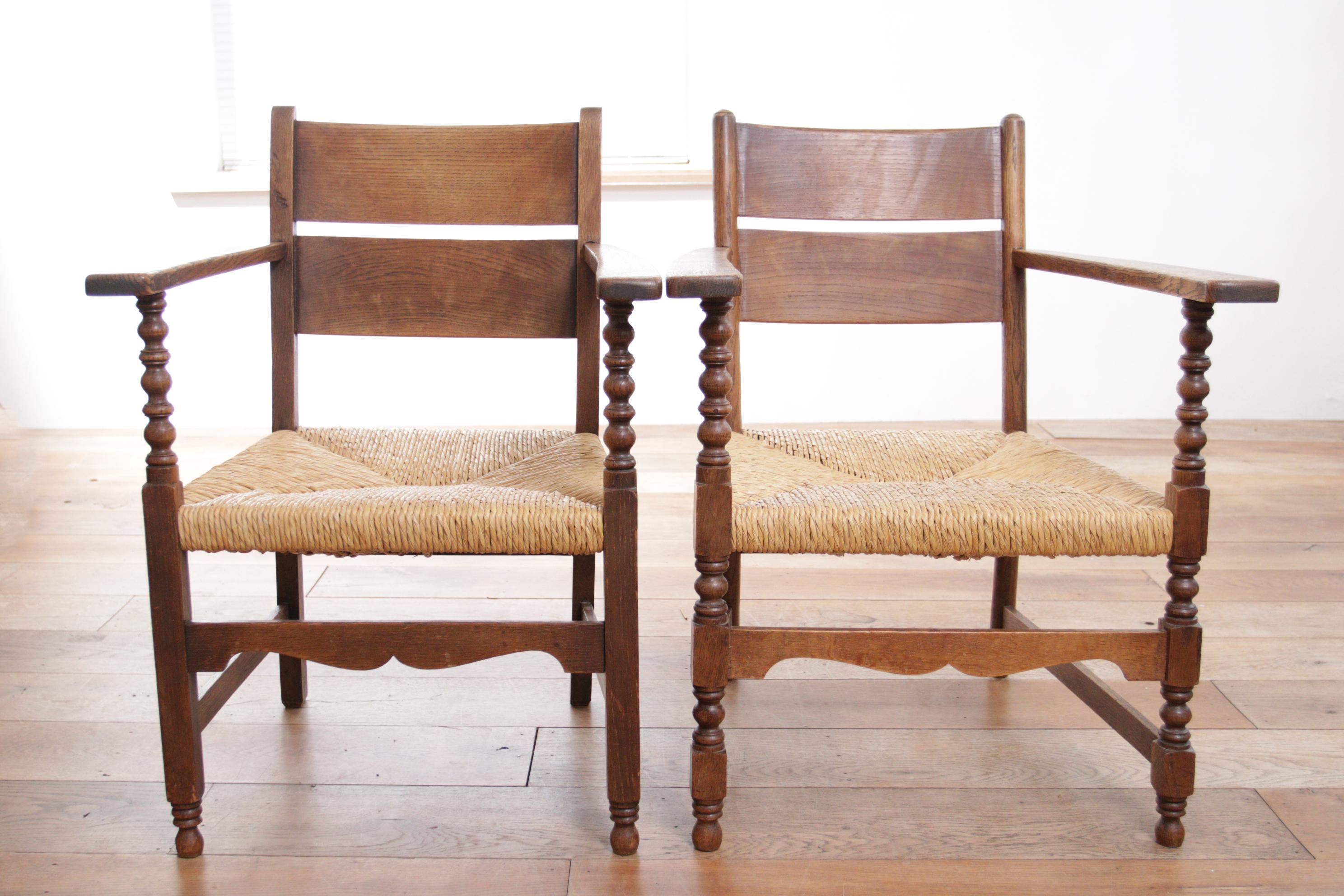 Set of two Dutch Man's and Women's Ladder Back Oak Rush Seat Armchairs 5