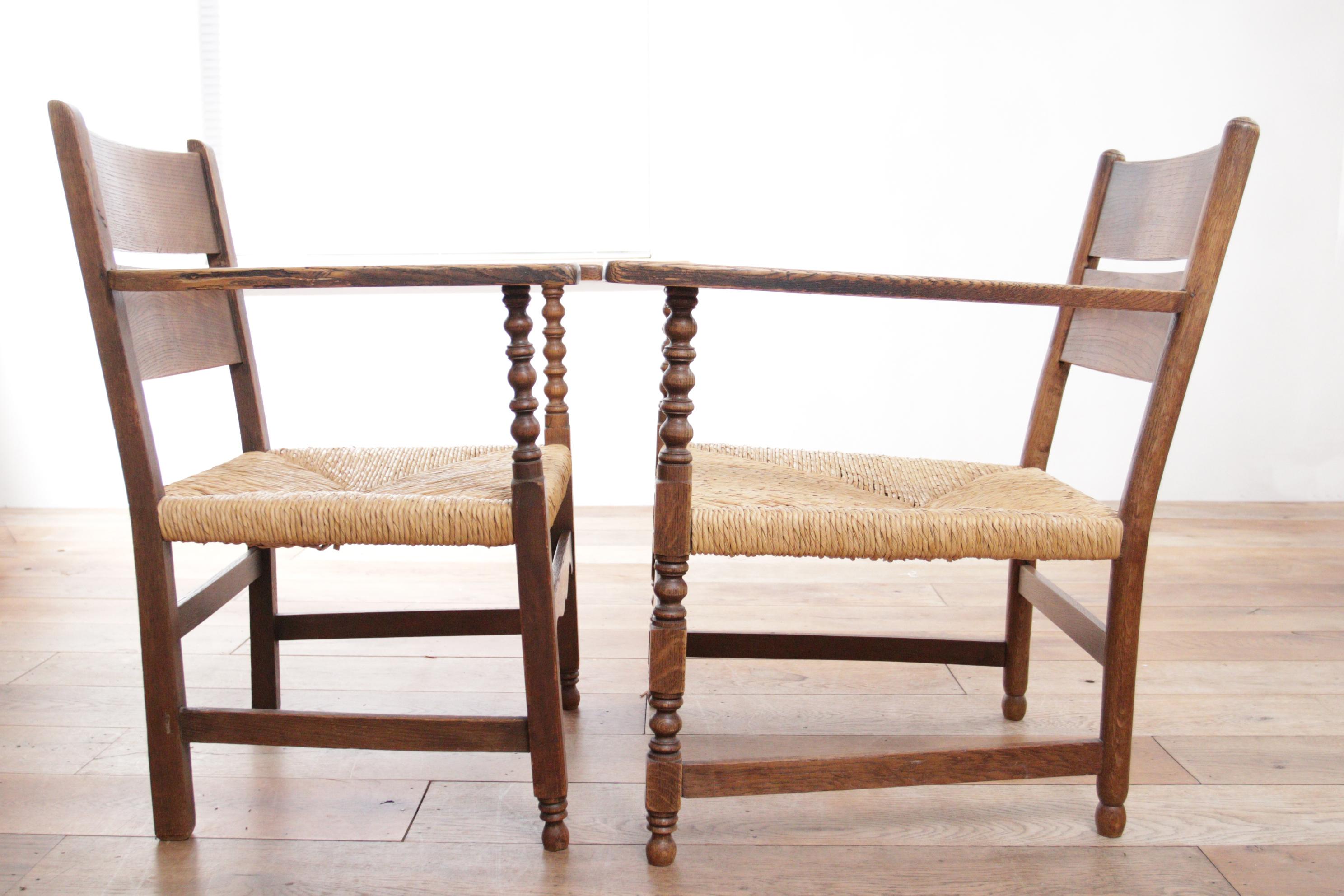 Set of two Dutch Man's and Women's Ladder Back Oak Rush Seat Armchairs 12