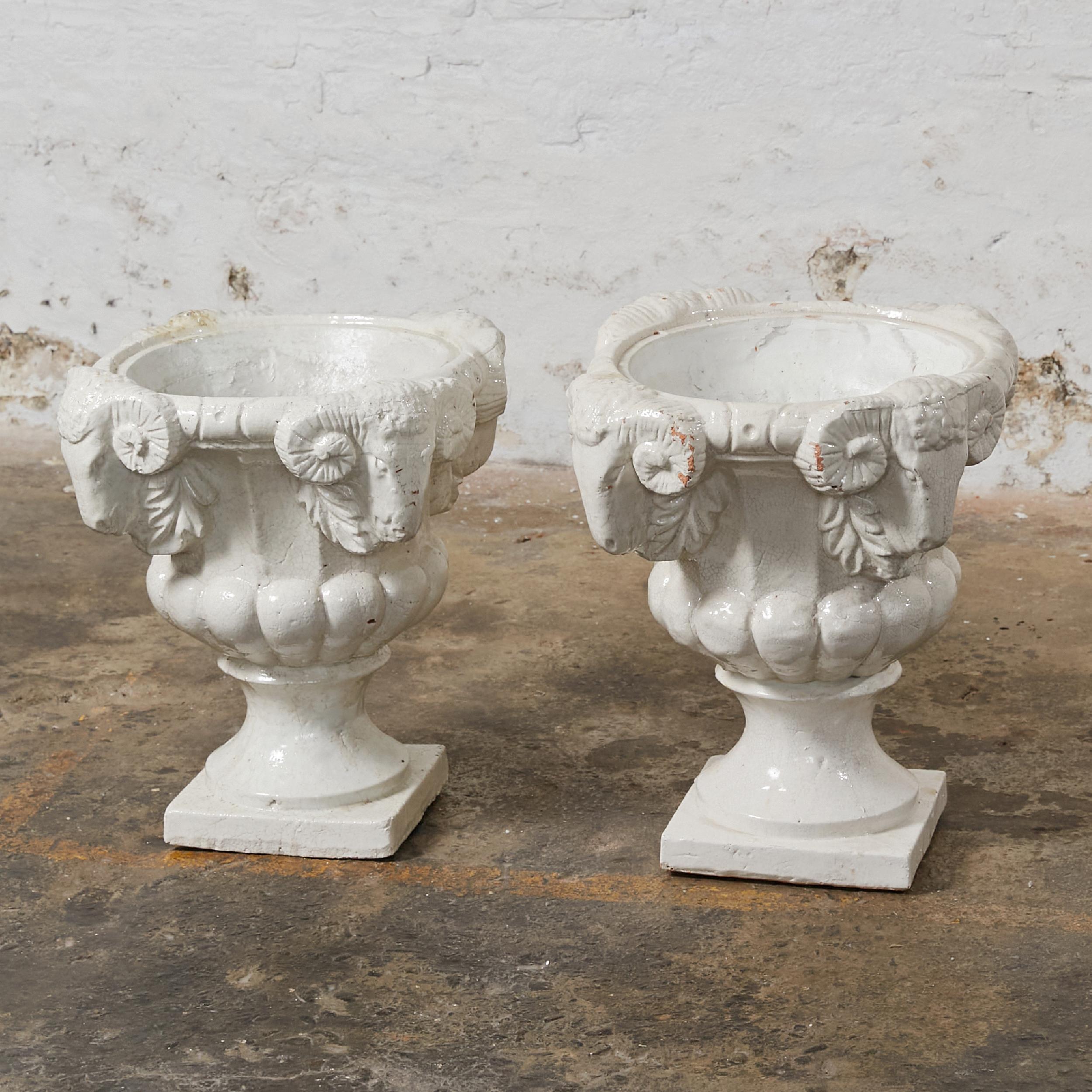 French Provincial Set of Two Dutch Terracota Planters with White Crackled Glaze