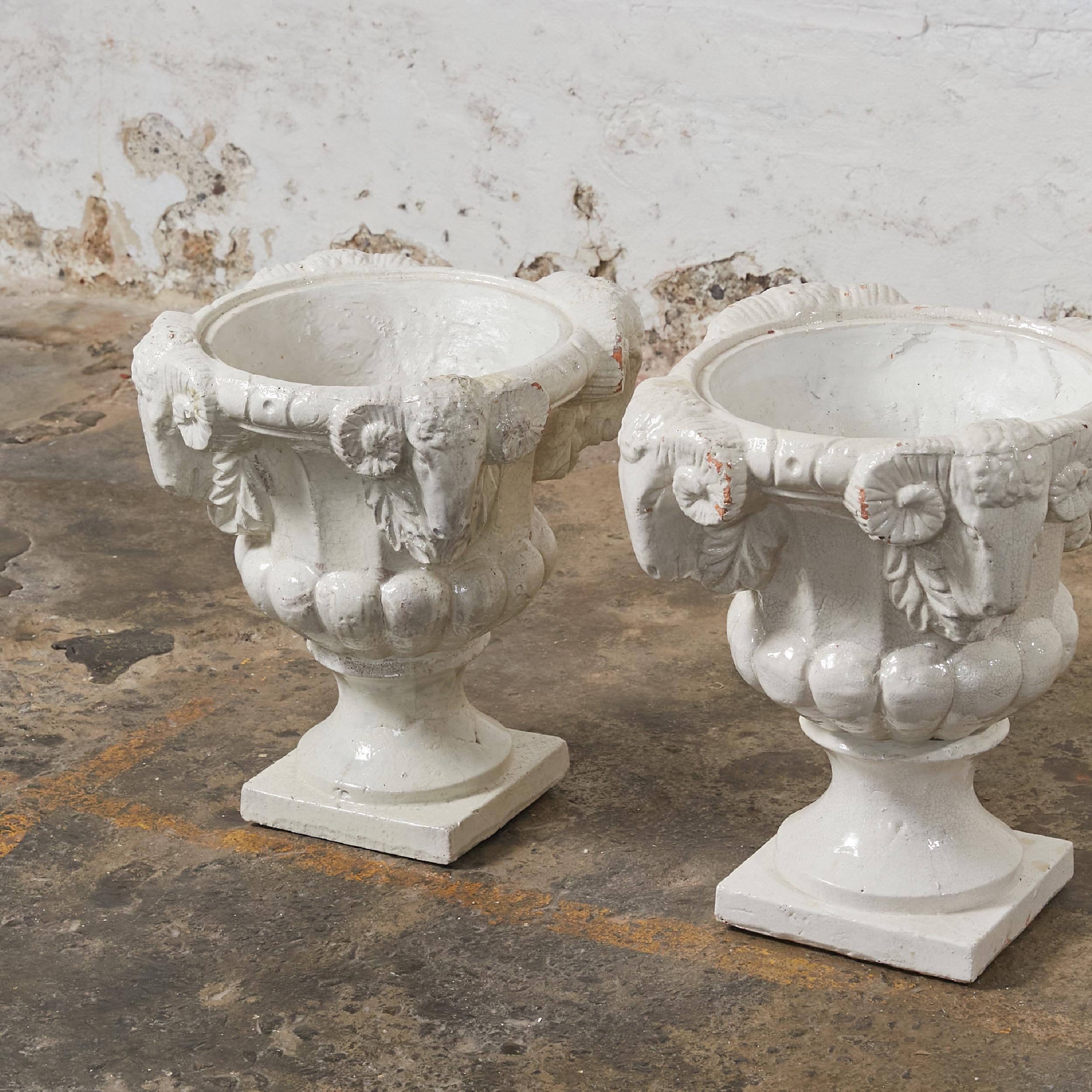 Ceramic Set of Two Dutch Terracota Planters with White Crackled Glaze