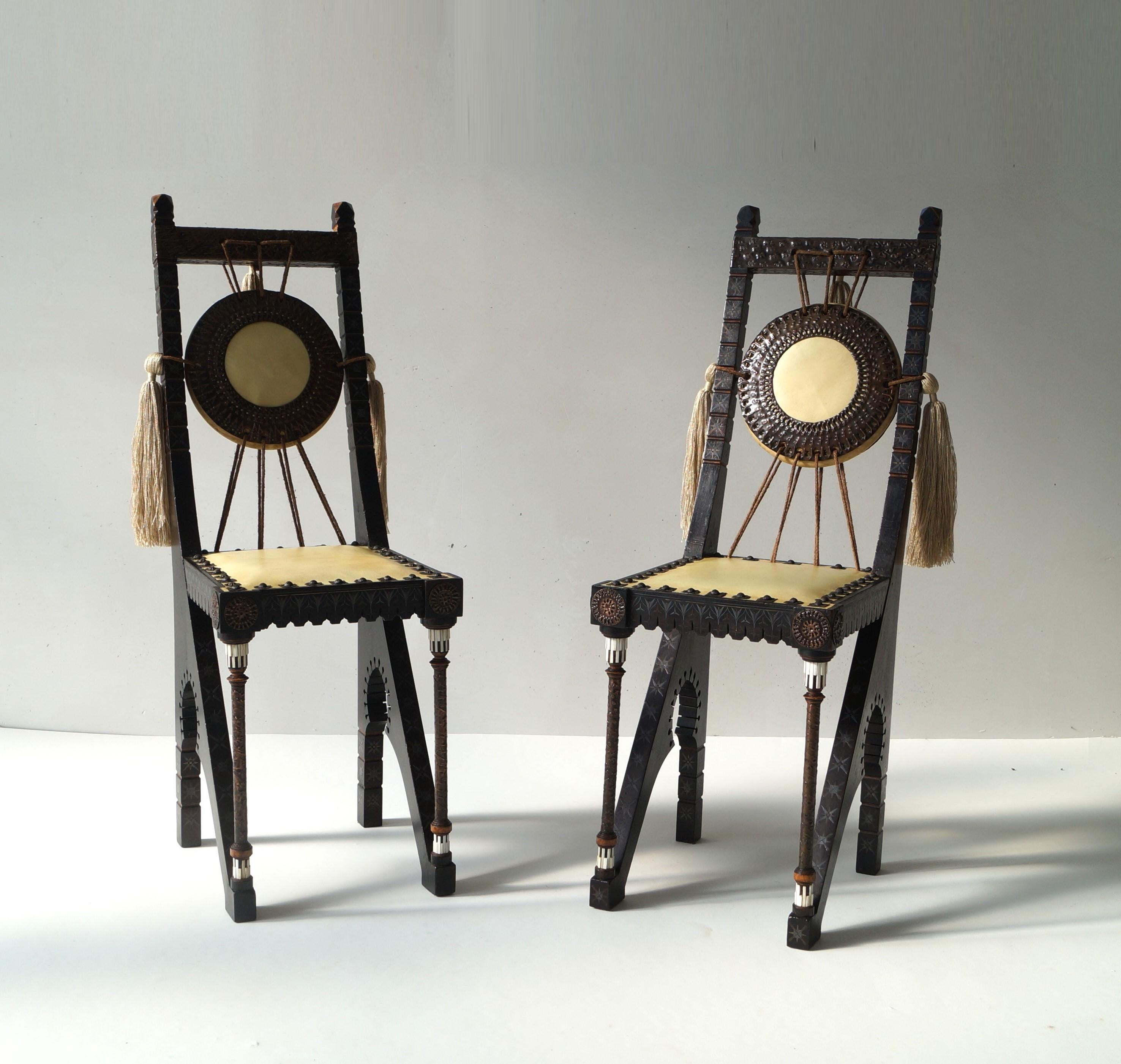 Early 20th Century Set of two early 1900s Carlo Bugatti Ladies ''Gong'' chairs  For Sale