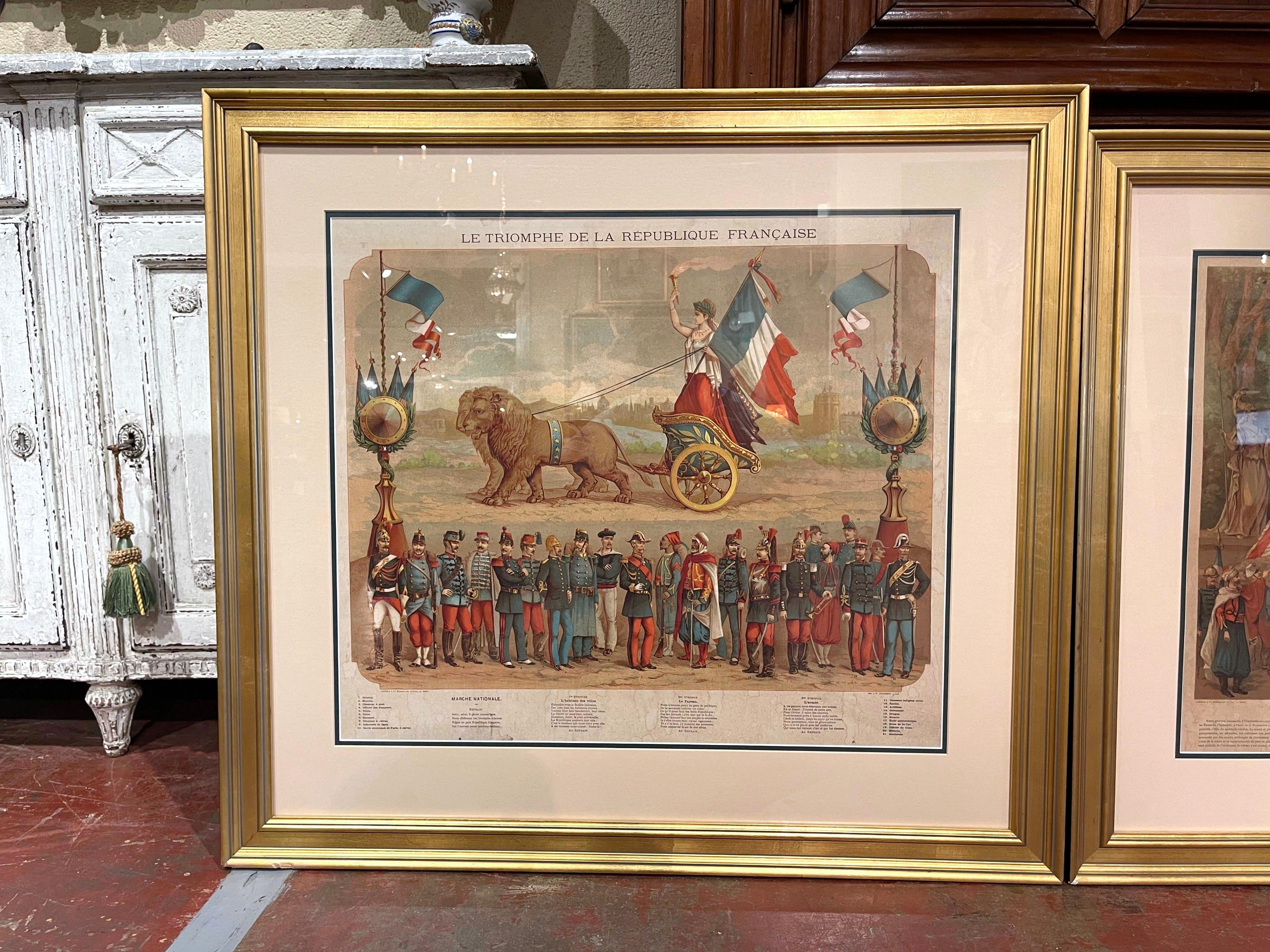 Decorate a game room, a den or an office with these two large framed antique prints. Printed in France circa 1900, each colorful artwork is set in a carved gilt wood frame and protected with glass; each depicts the souvenir and triumph of the