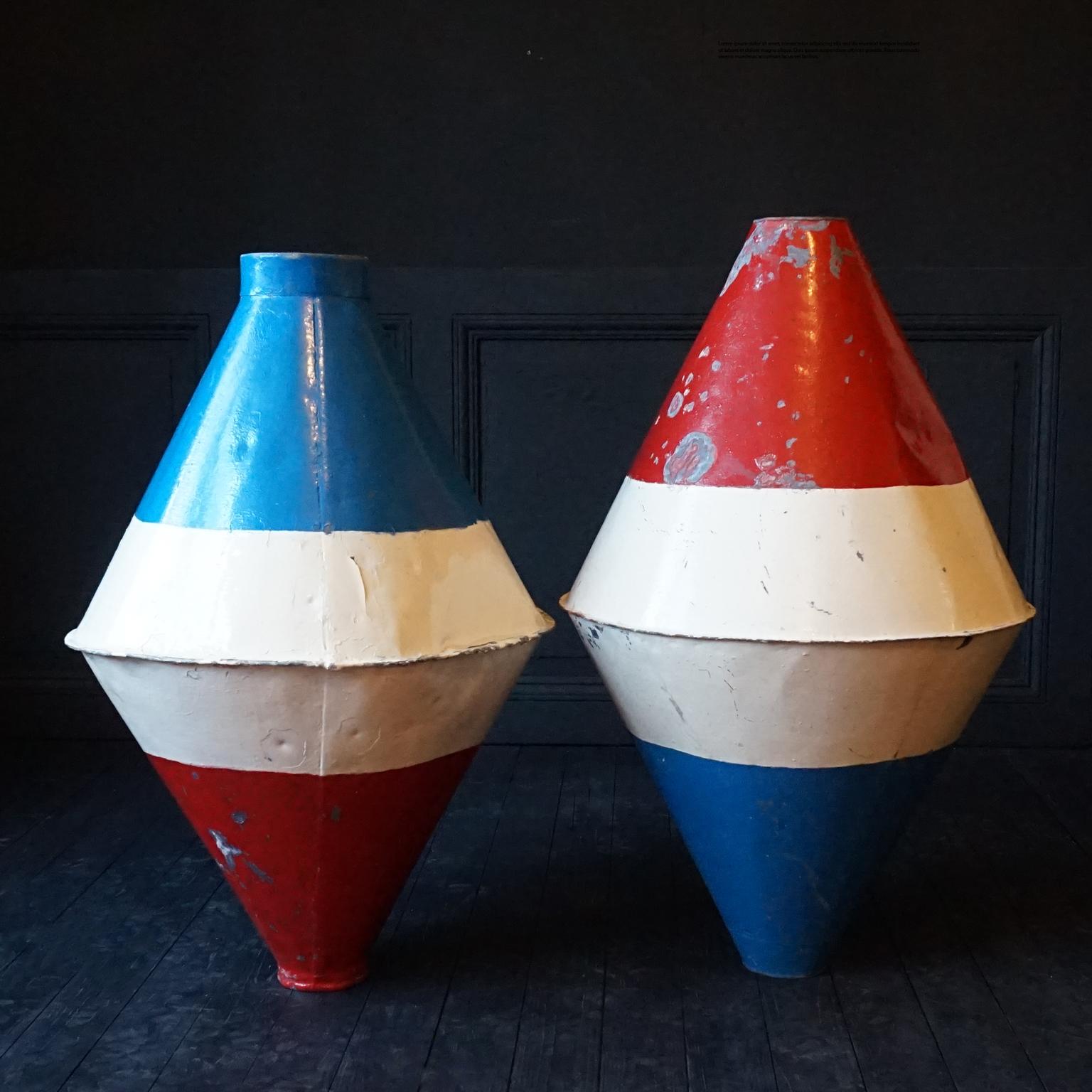 Set of Two Early 20th Century Large Dutch Marine Red White and Blue Metal Buoys For Sale 5