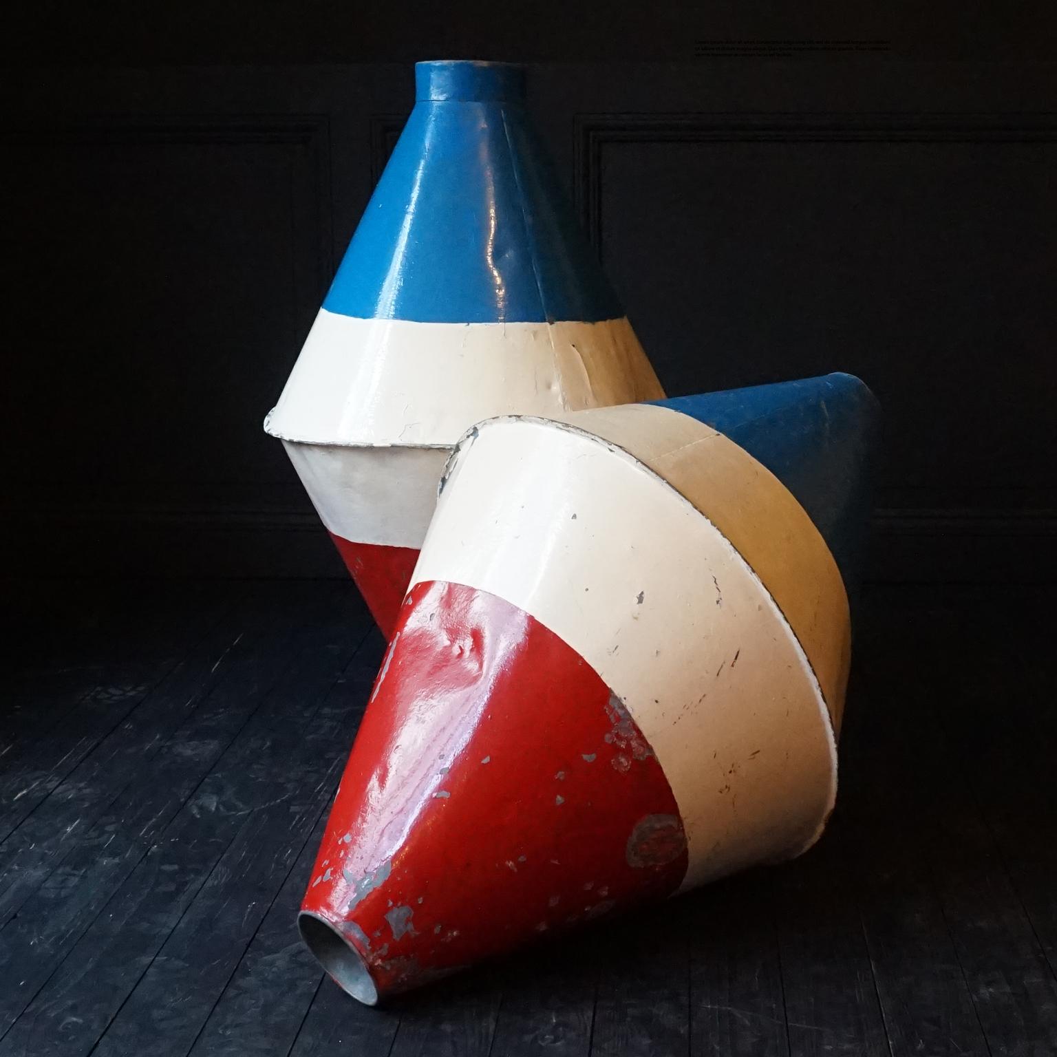 Painted Set of Two Early 20th Century Large Dutch Marine Red White and Blue Metal Buoys For Sale