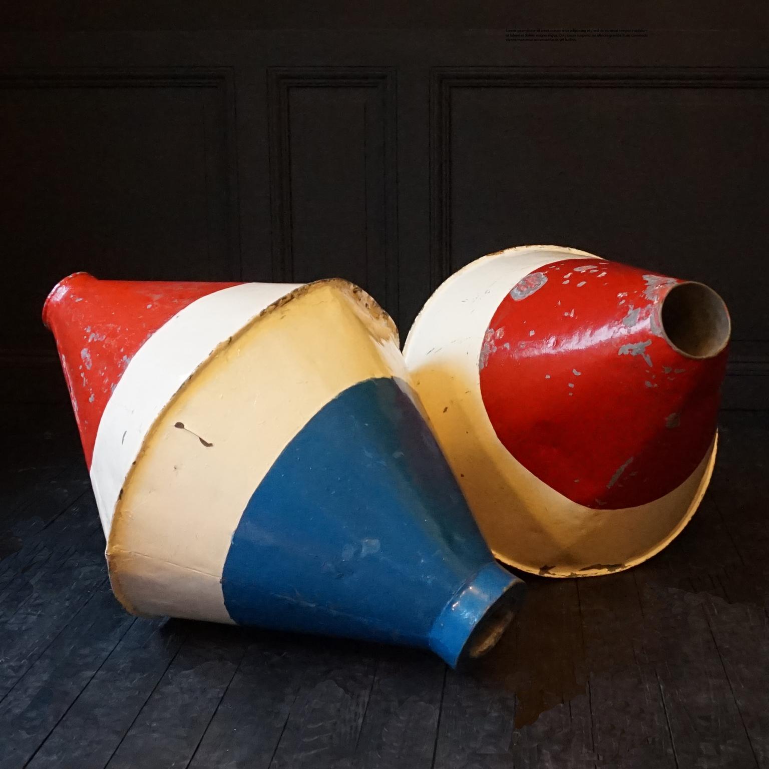 Iron Set of Two Early 20th Century Large Dutch Marine Red White and Blue Metal Buoys For Sale