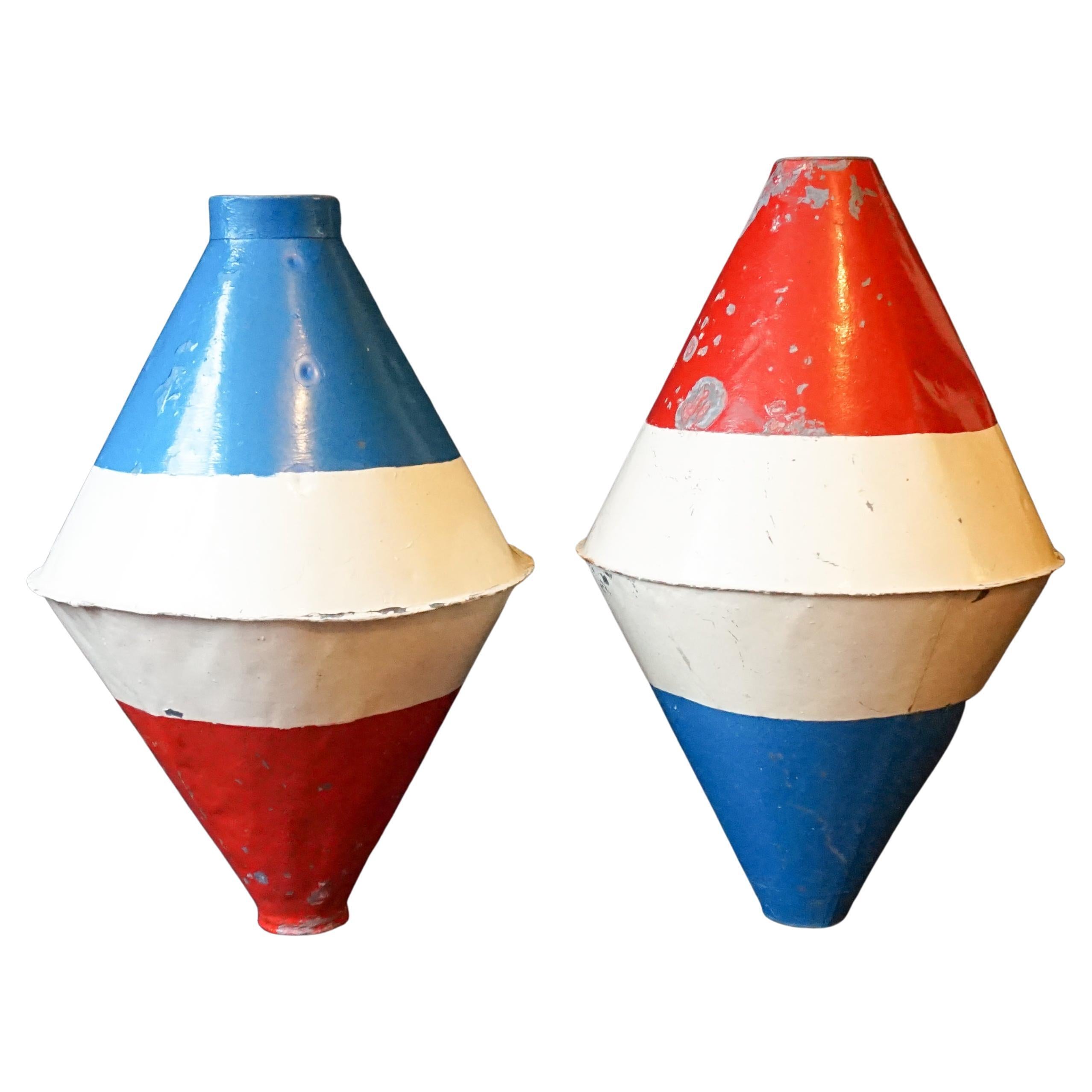 Set of Two Early 20th Century Large Dutch Marine Red White and Blue Metal Buoys