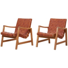 Set of Two Early Jens Risom Armchairs by Knoll with New Leather Webbing