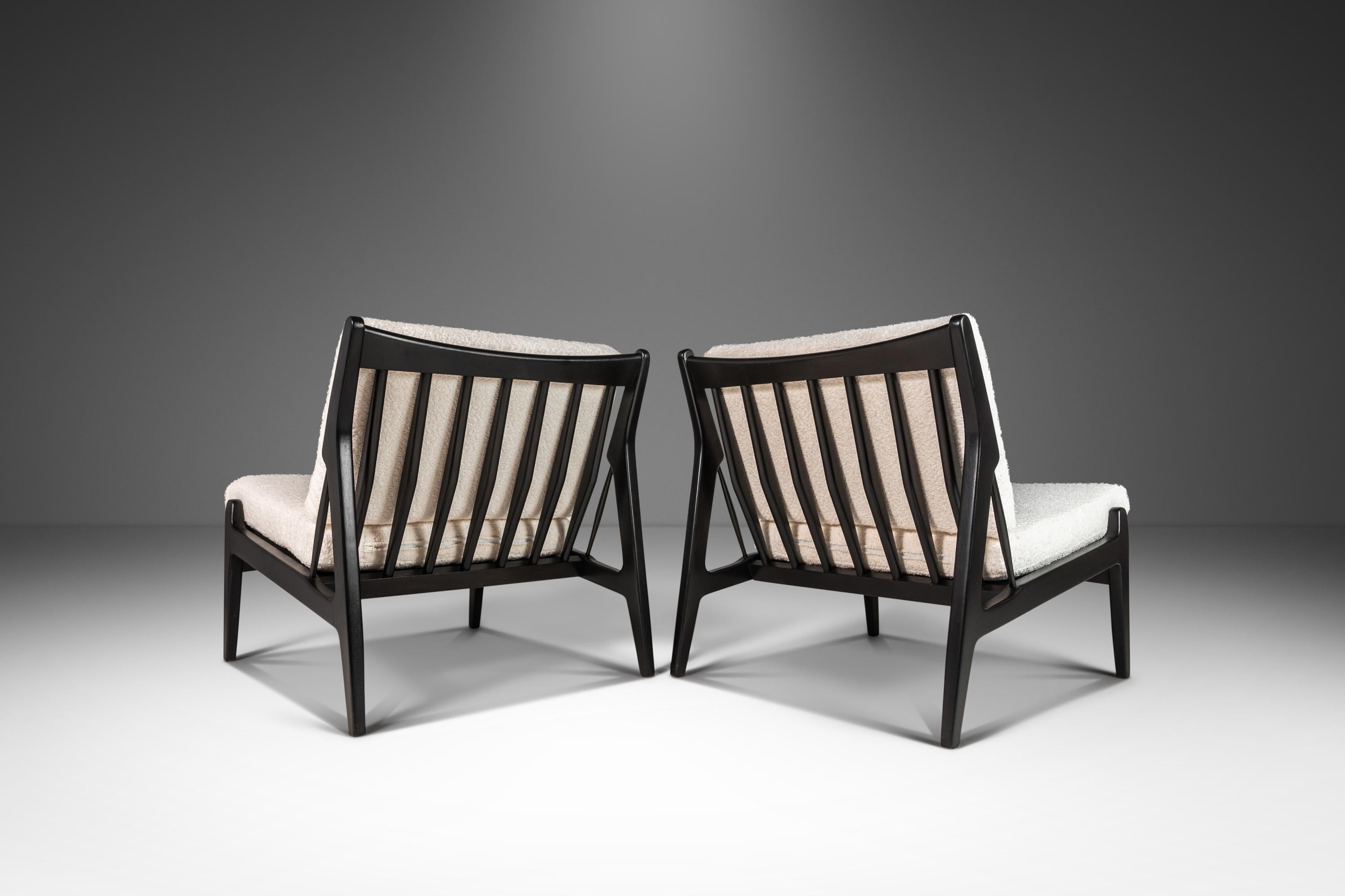 Scandinavian Modern Set of Two Ebonized Lounge Chairs in Bouclé by Ib Kofod Larsen for Selig, 1950s For Sale