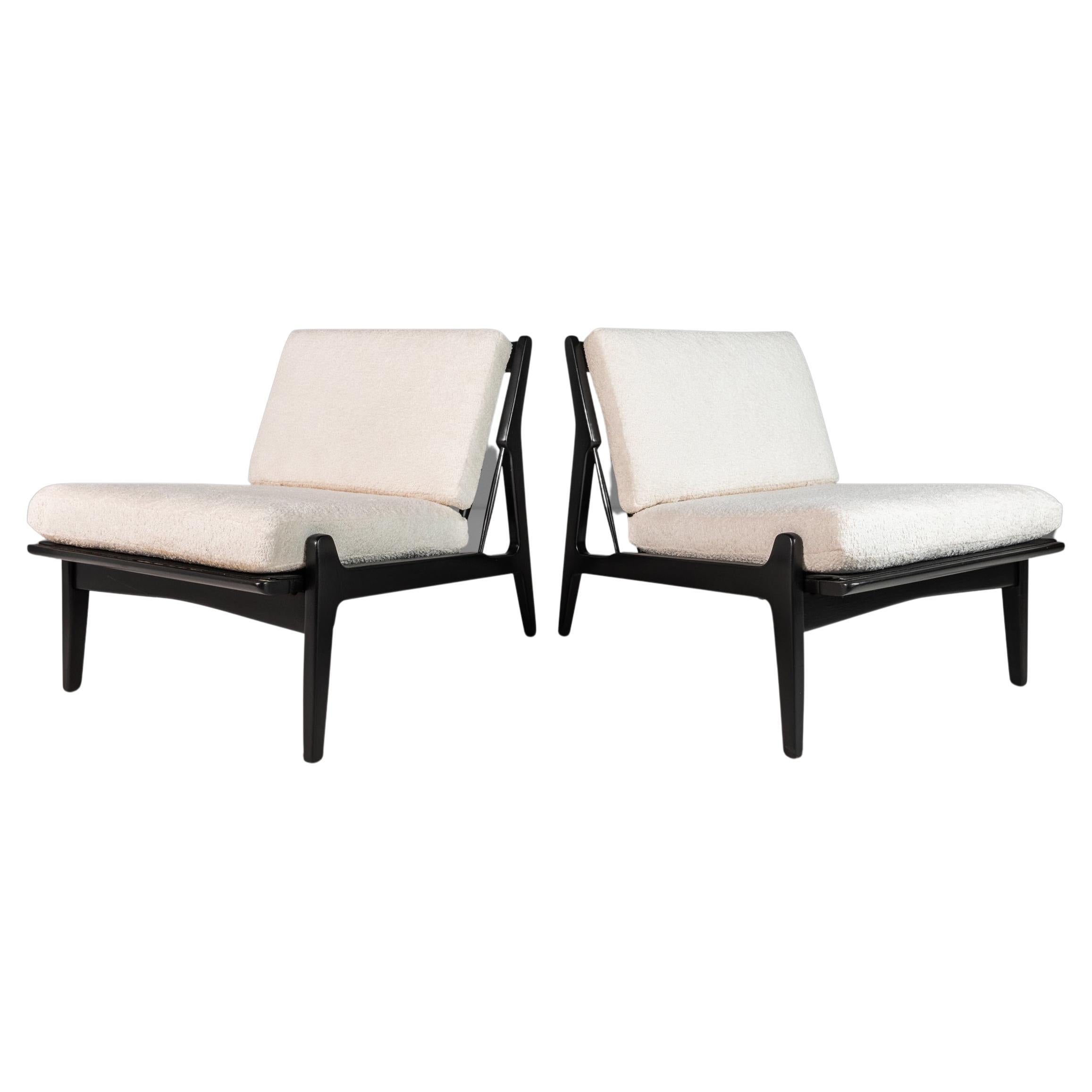 Set of Two Ebonized Lounge Chairs in Bouclé by Ib Kofod Larsen for Selig, 1950s For Sale