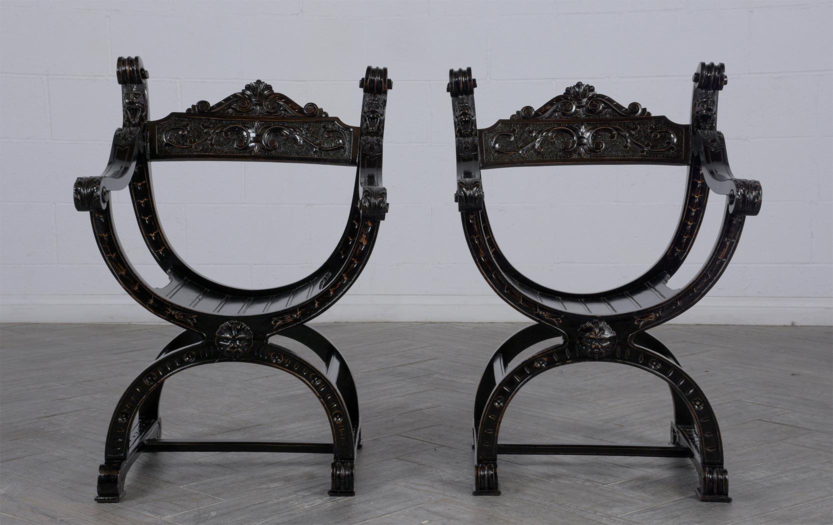 Lacquered Set of Two Ebonized Savonarola Style Armchairs