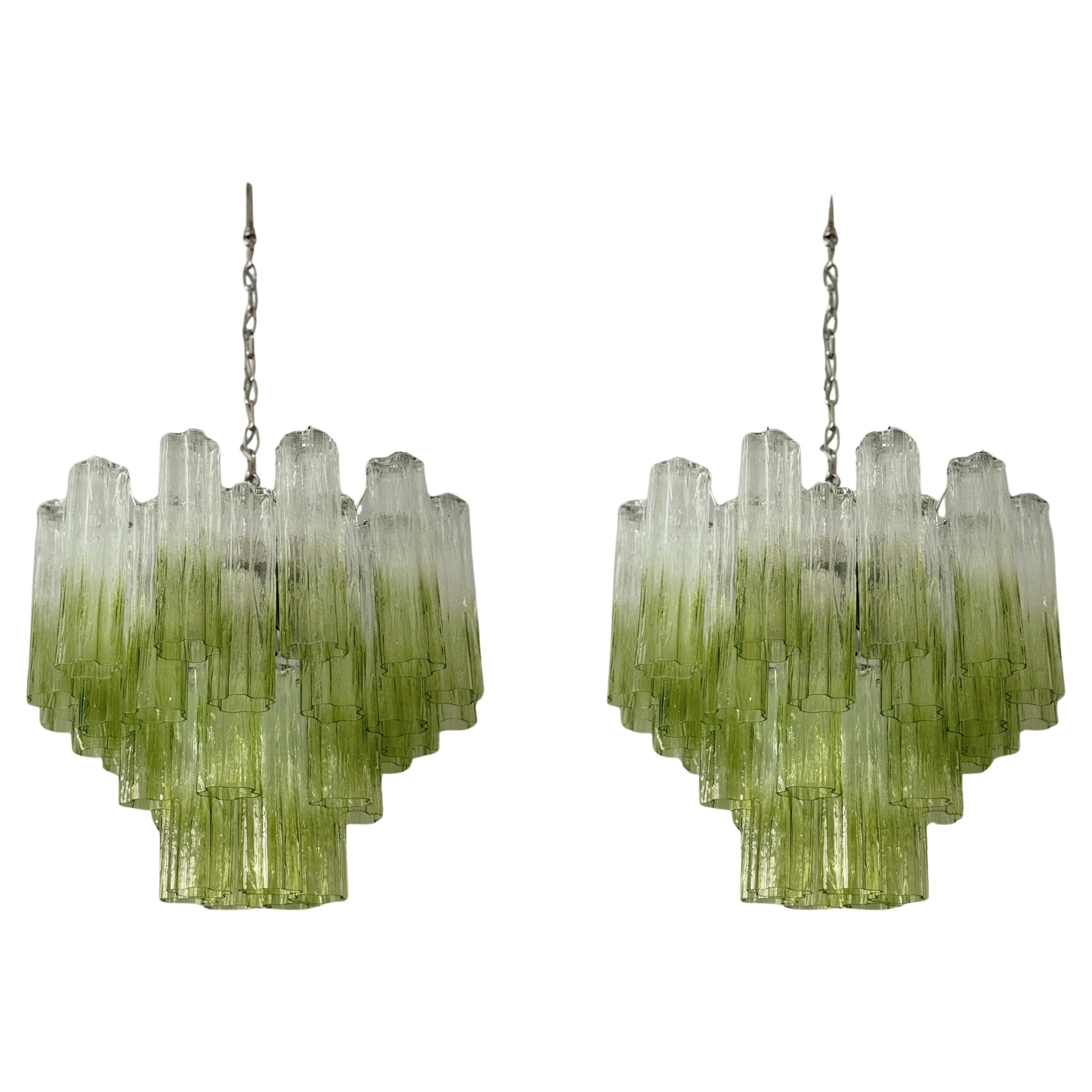 Set of two Eclectic Bold Colorful Green Ombre Murano Chandeliers For Sale