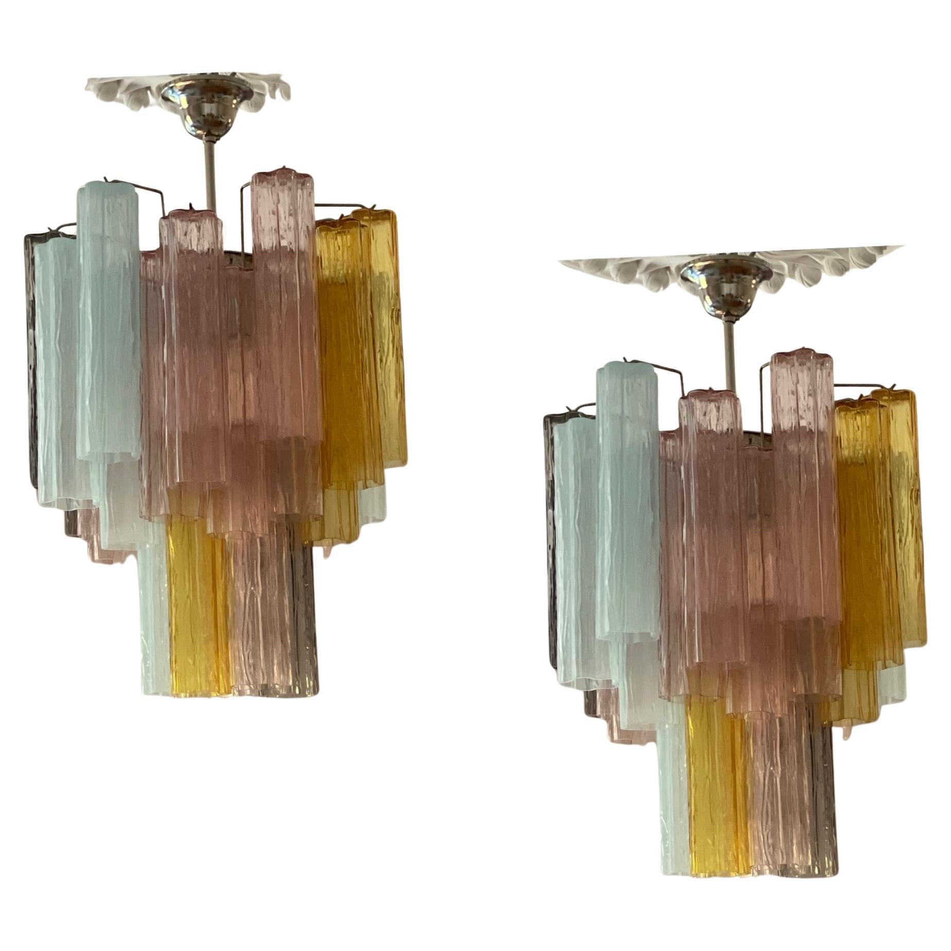 Set of two Eclectic, Colorful Murano Chandeliers in the of style of Venini For Sale