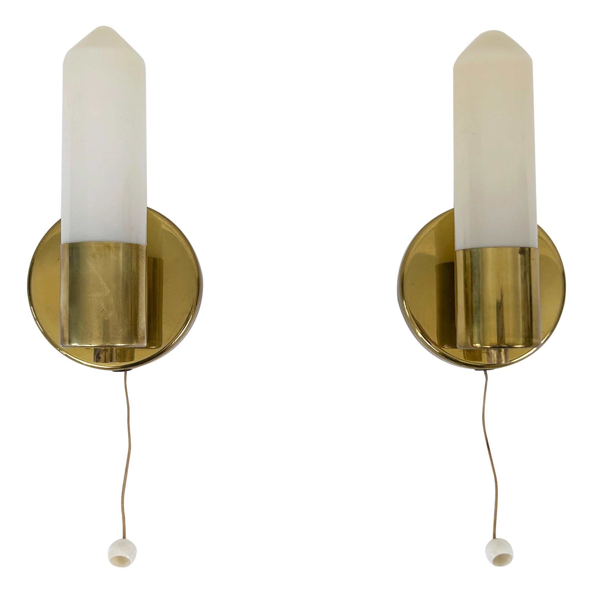 Set of Two Elegant Bauhaus Brass & Opaline Glass Sconces Germany 1950s For Sale