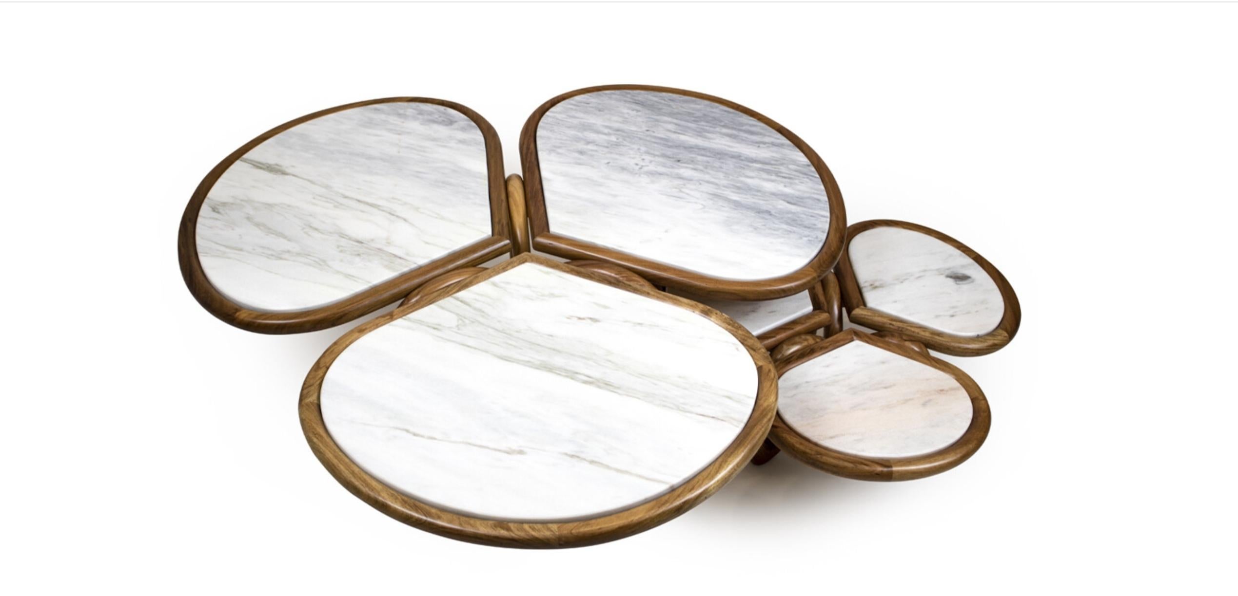 Set of two Elegant Flowers Coffee Table, in Marble, Walnut or Ash wood For Sale 3