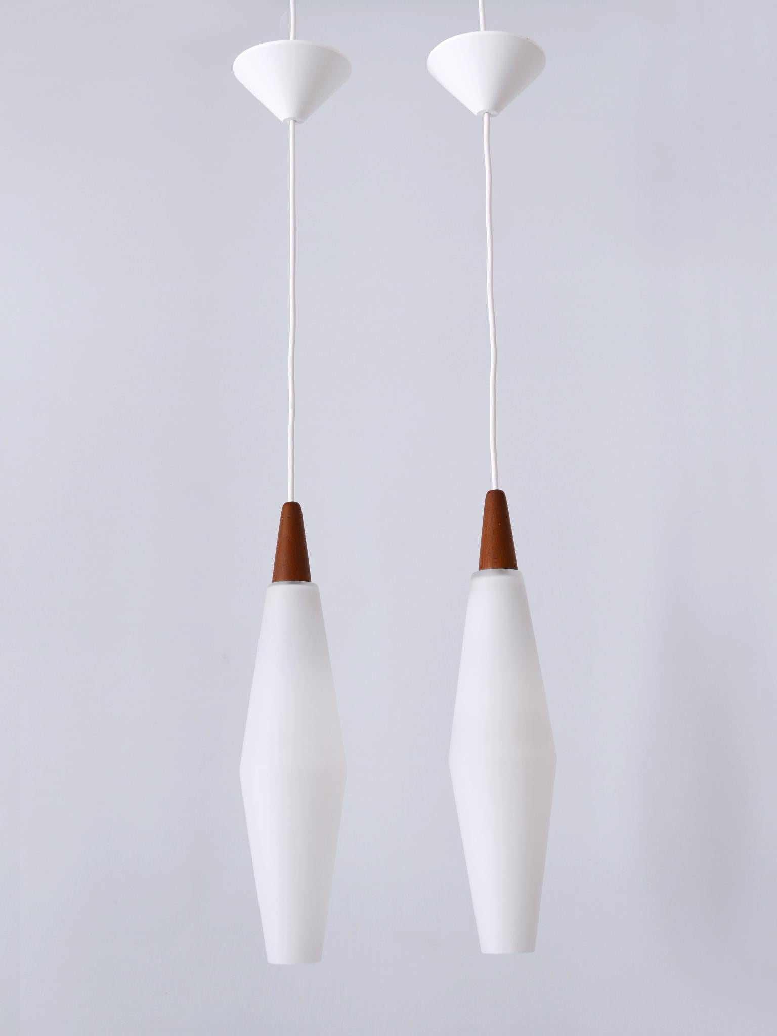 Set of Two Elegant Scandinavian Opaline Glass & Teak Pendant Lamps 1960s For Sale 6